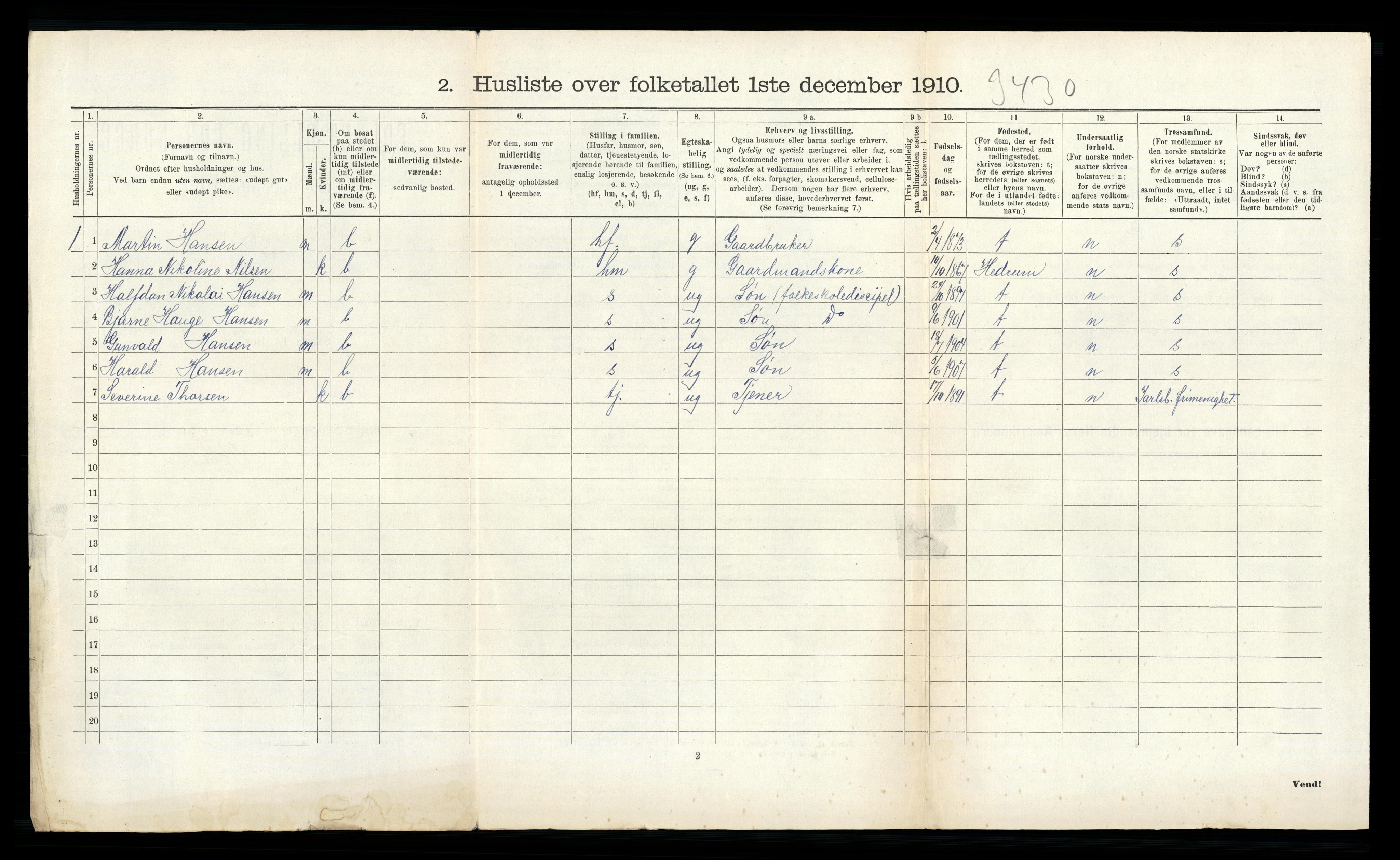 RA, 1910 census for Sandeherred, 1910, p. 518