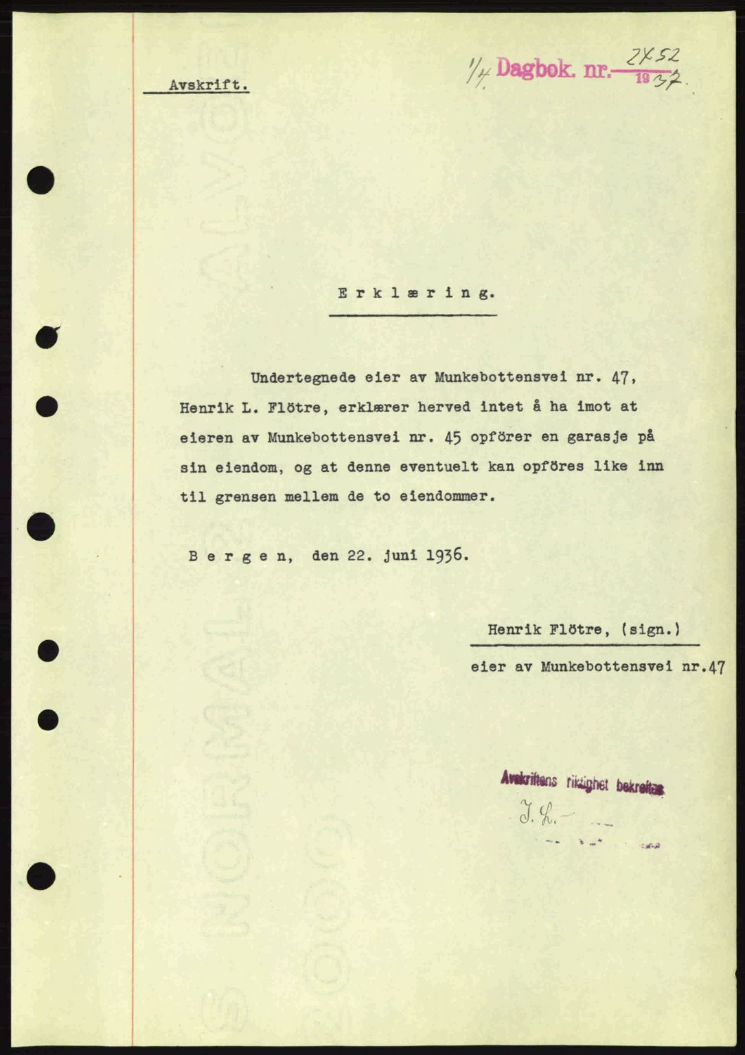 Byfogd og Byskriver i Bergen, SAB/A-3401/03/03Bc/L0004: Mortgage book no. A3-4, 1936-1937, Diary no: : 2452/1937