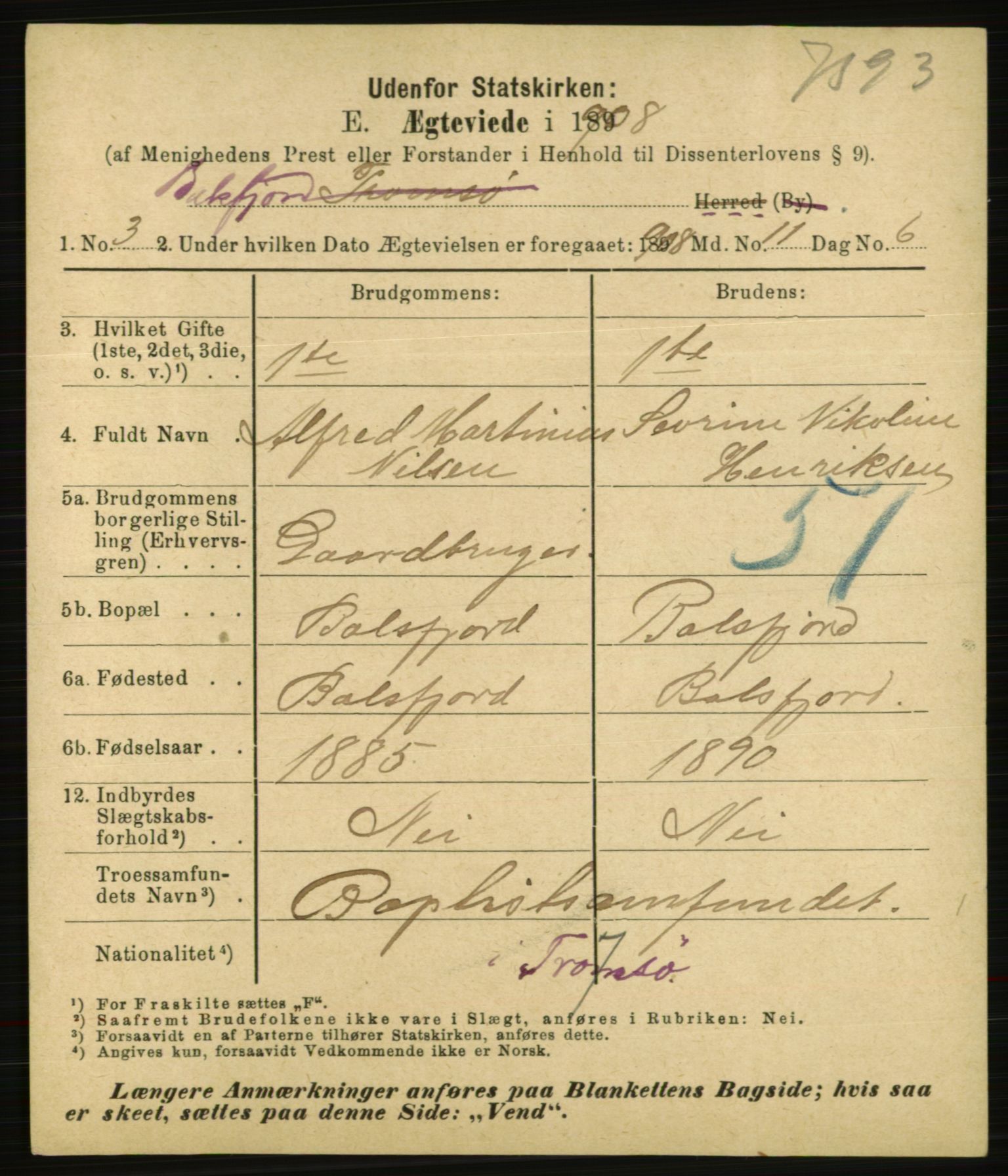 Statistisk sentralbyrå, Sosiodemografiske emner, Befolkning, AV/RA-S-2228/E/L0006: Fødte, gifte, døde dissentere., 1908, p. 2263