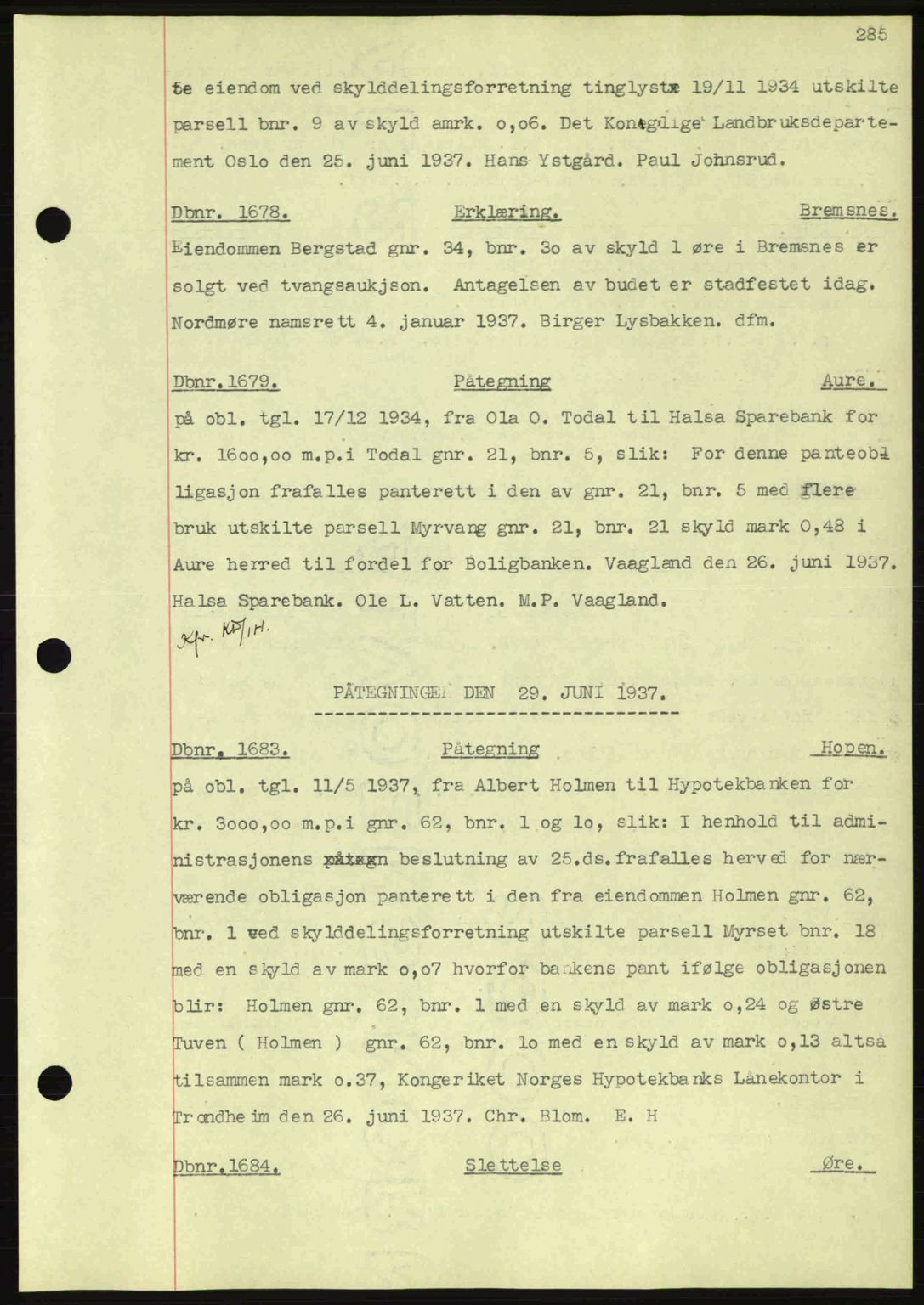 Nordmøre sorenskriveri, AV/SAT-A-4132/1/2/2Ca: Mortgage book no. C80, 1936-1939, Diary no: : 1678/1937