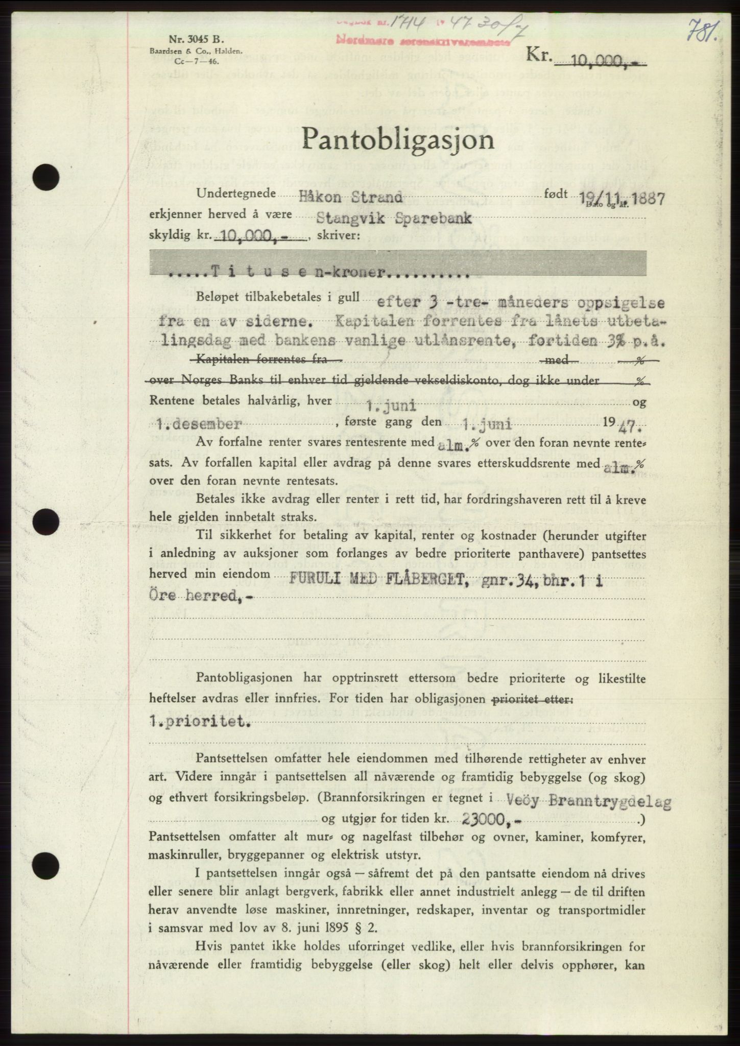 Nordmøre sorenskriveri, AV/SAT-A-4132/1/2/2Ca: Mortgage book no. B96, 1947-1947, Diary no: : 1714/1947