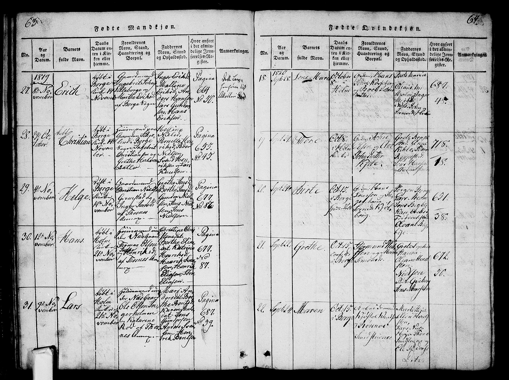 Borge prestekontor Kirkebøker, AV/SAO-A-10903/G/Ga/L0001: Parish register (copy) no.  I 1, 1815-1835, p. 63-64