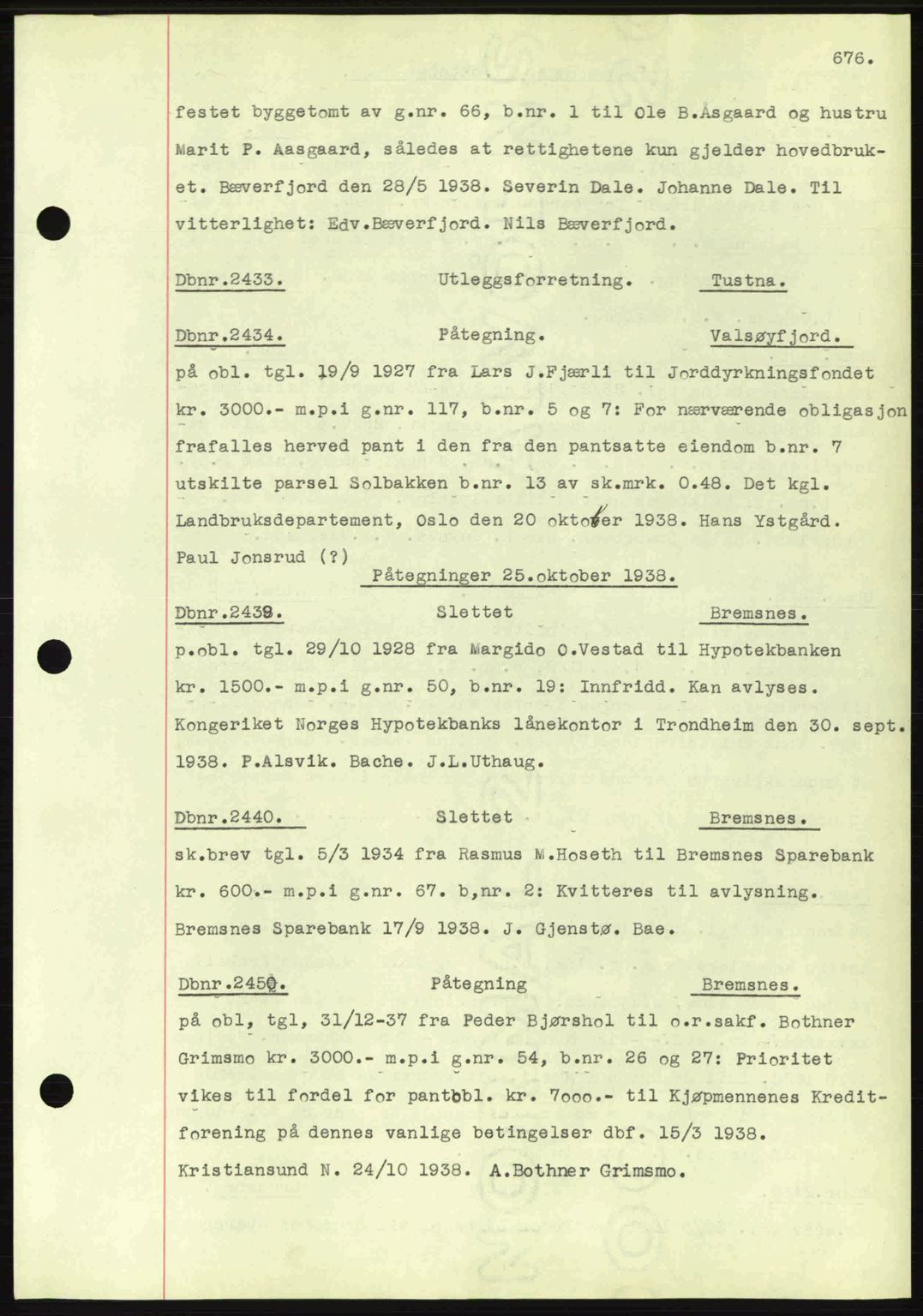 Nordmøre sorenskriveri, AV/SAT-A-4132/1/2/2Ca: Mortgage book no. C80, 1936-1939, Diary no: : 2433/1938