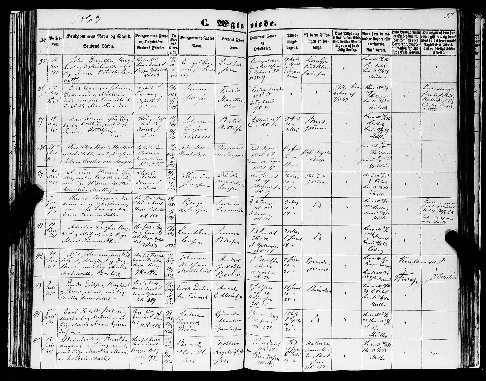 Domkirken sokneprestembete, AV/SAB-A-74801/H/Haa/L0034: Parish register (official) no. D 2, 1853-1874, p. 97