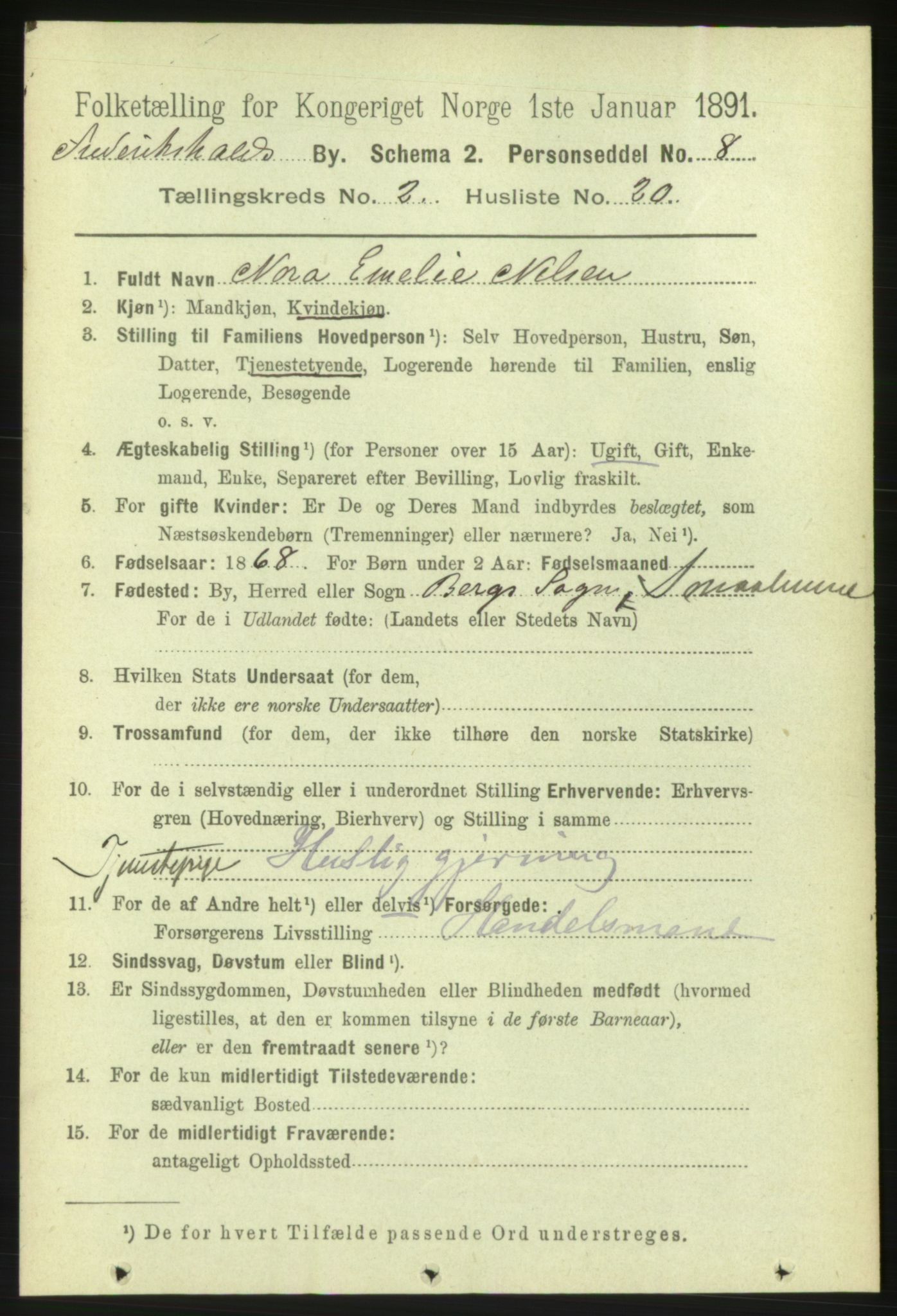 RA, 1891 census for 0101 Fredrikshald, 1891, p. 2891