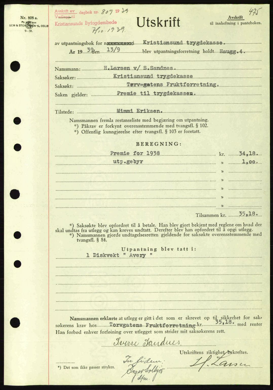 Kristiansund byfogd, AV/SAT-A-4587/A/27: Mortgage book no. 31, 1938-1939, Diary no: : 809/1939