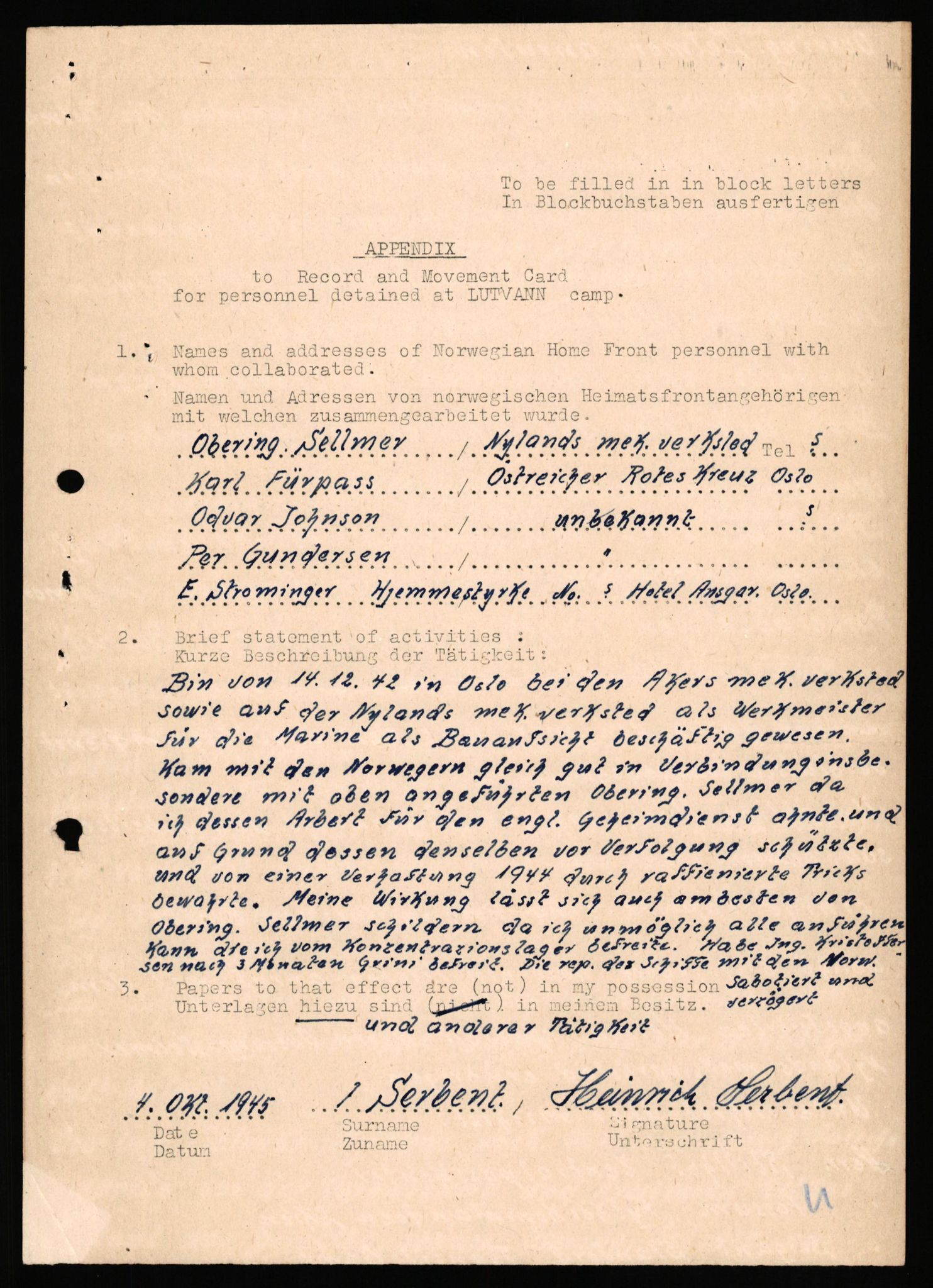 Forsvaret, Forsvarets overkommando II, AV/RA-RAFA-3915/D/Db/L0032: CI Questionaires. Tyske okkupasjonsstyrker i Norge. Tyskere., 1945-1946, p. 31