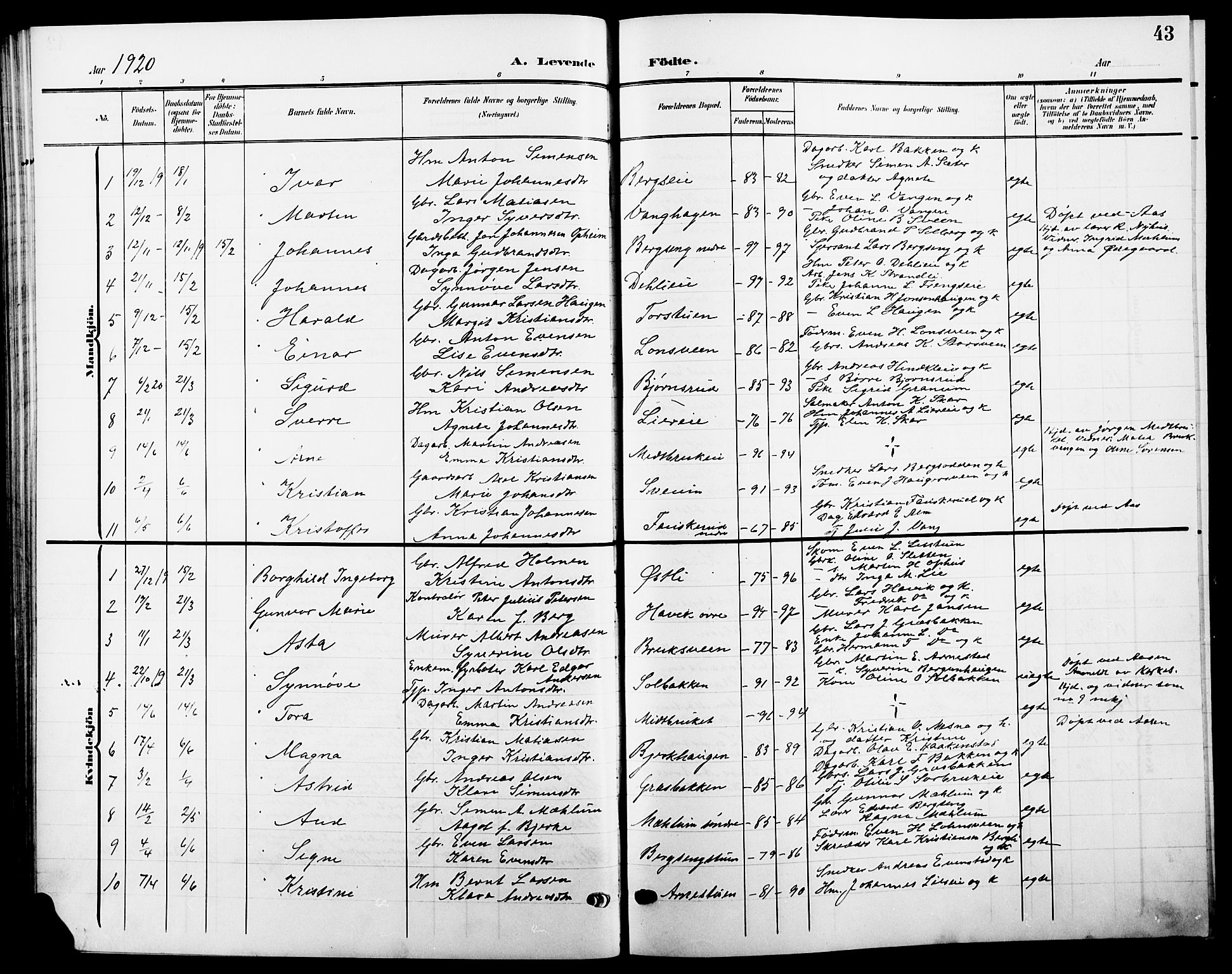 Ringsaker prestekontor, AV/SAH-PREST-014/L/La/L0016: Parish register (copy) no. 16, 1905-1920, p. 43