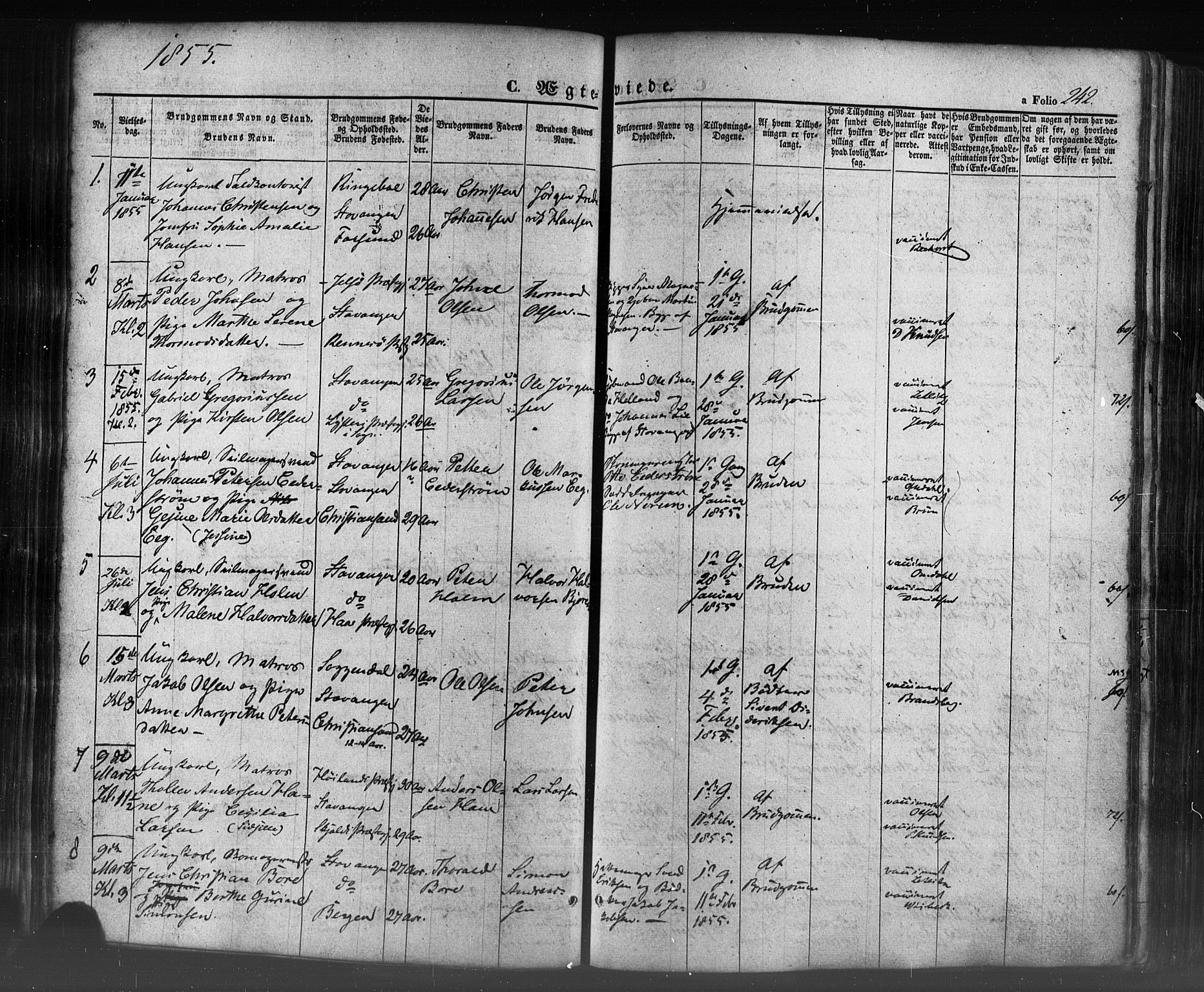 Domkirken sokneprestkontor, SAST/A-101812/001/30/30BB/L0009: Parish register (copy) no. B 9, 1850-1858, p. 242