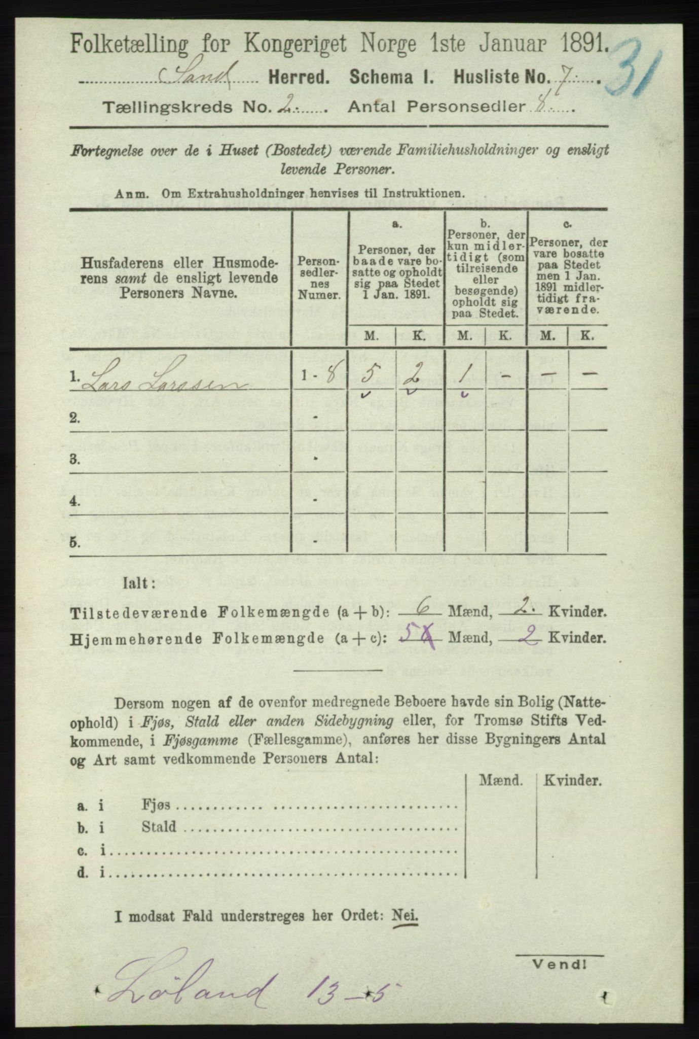 RA, 1891 census for 1136 Sand, 1891, p. 290