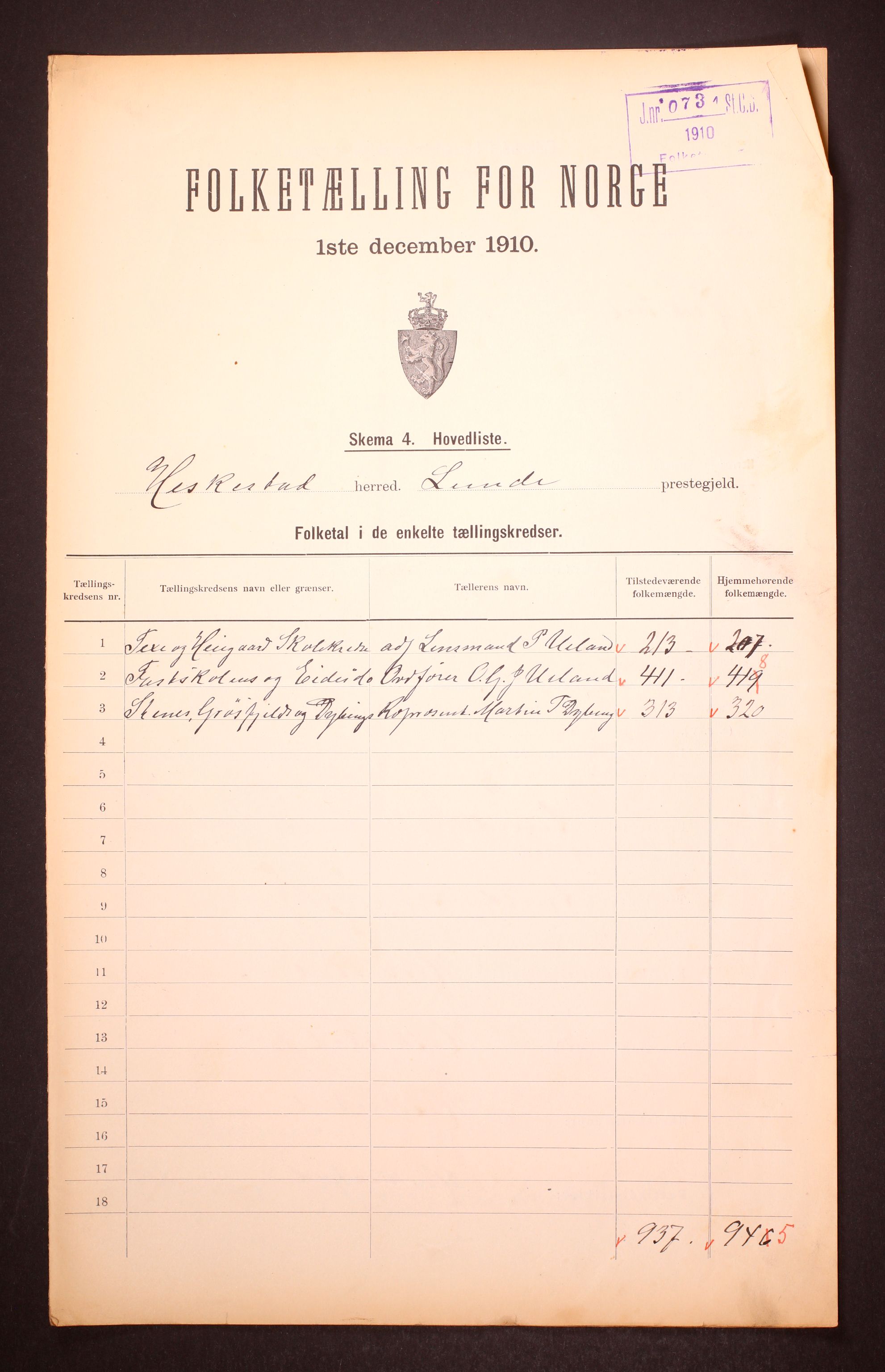 RA, 1910 census for Heskestad, 1910, p. 2