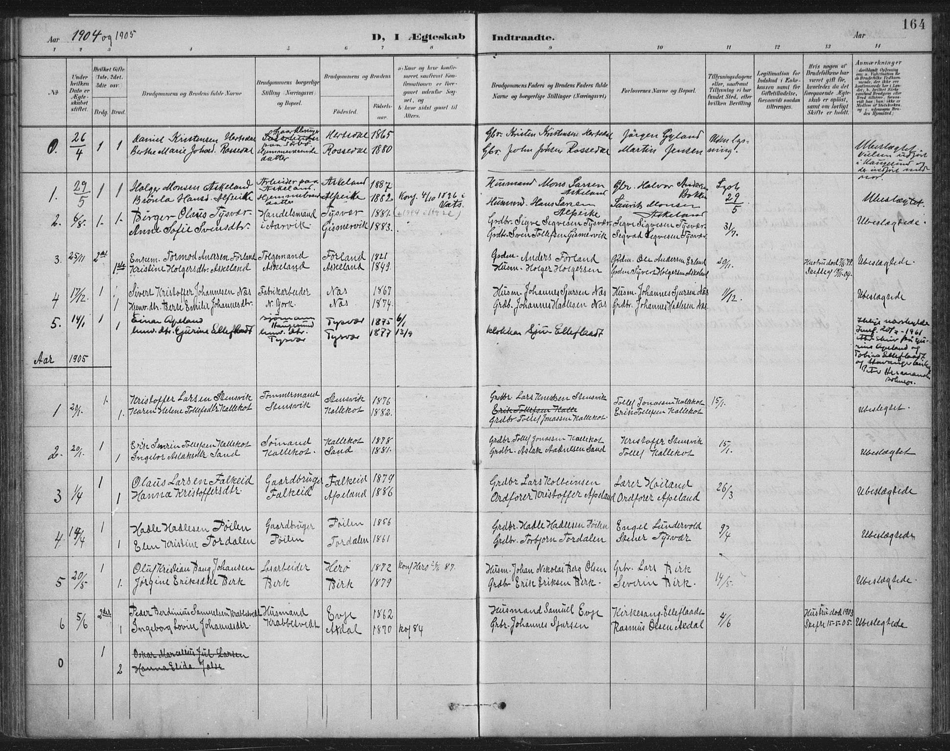 Tysvær sokneprestkontor, AV/SAST-A -101864/H/Ha/Haa/L0008: Parish register (official) no. A 8, 1897-1918, p. 164