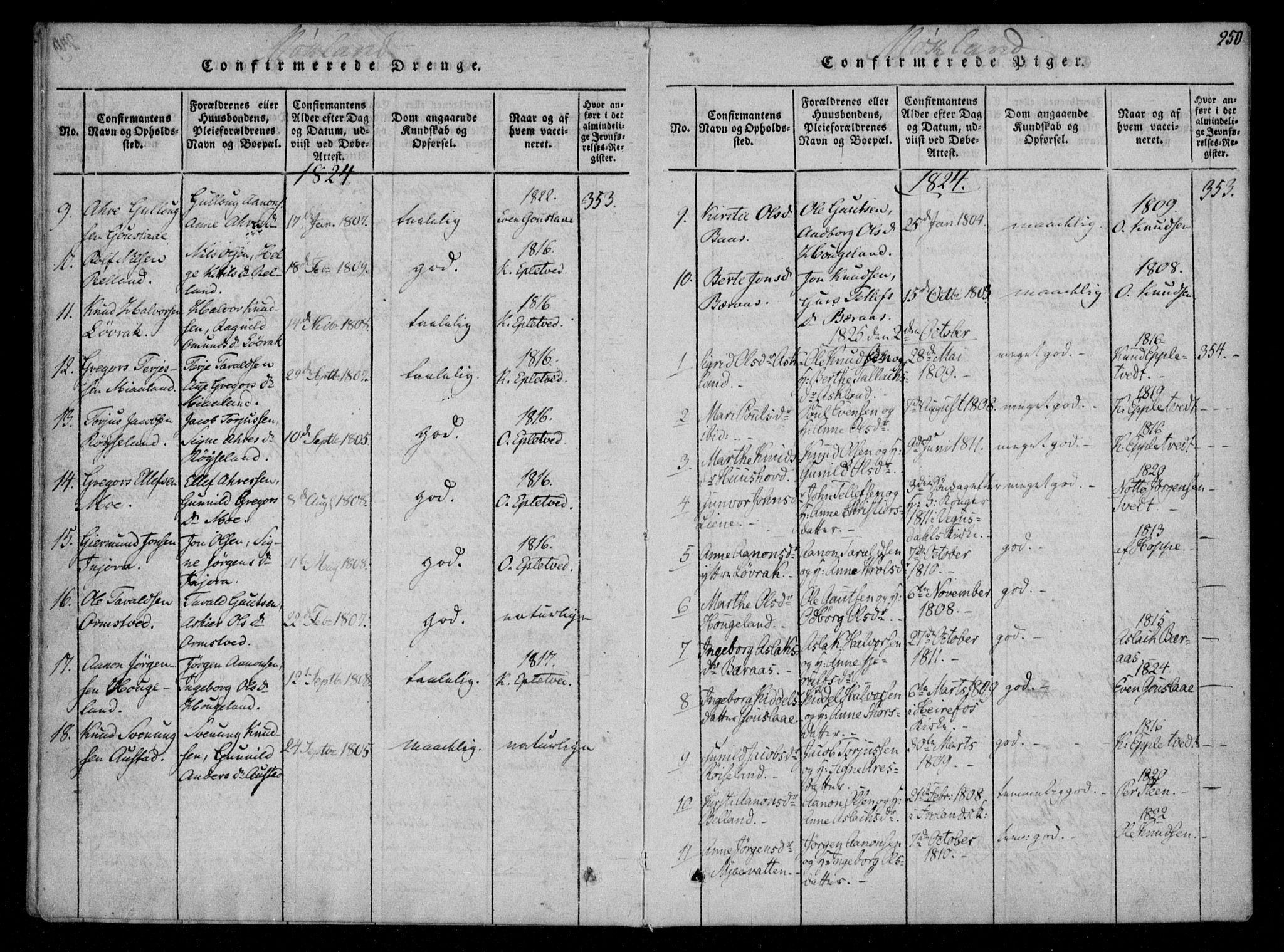 Åmli sokneprestkontor, AV/SAK-1111-0050/F/Fa/Fac/L0006: Parish register (official) no. A 6, 1816-1829, p. 250