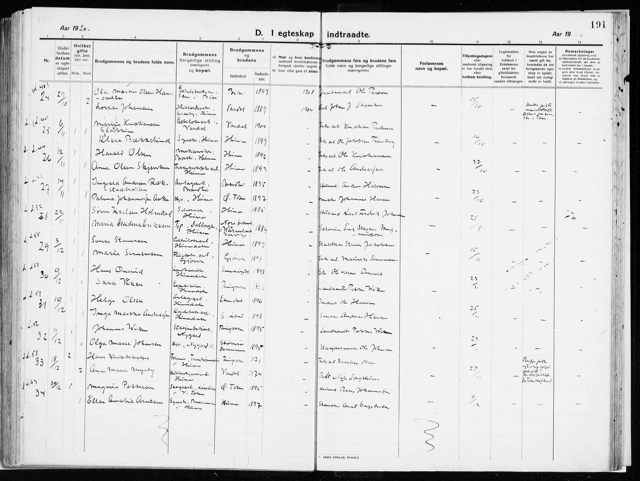 Vardal prestekontor, SAH/PREST-100/H/Ha/Haa/L0017: Parish register (official) no. 17, 1915-1929, p. 191