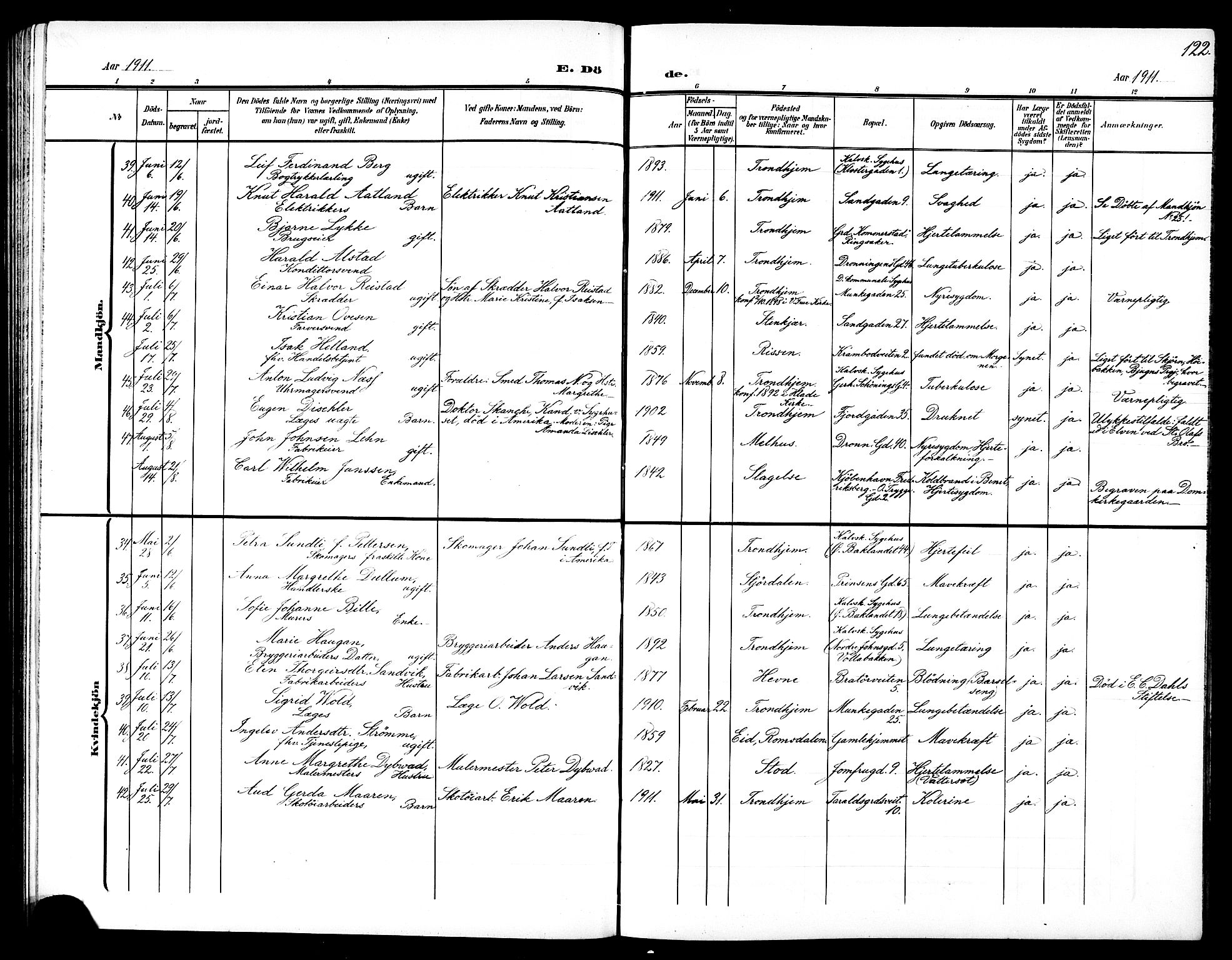 Ministerialprotokoller, klokkerbøker og fødselsregistre - Sør-Trøndelag, AV/SAT-A-1456/602/L0146: Parish register (copy) no. 602C14, 1904-1914, p. 122