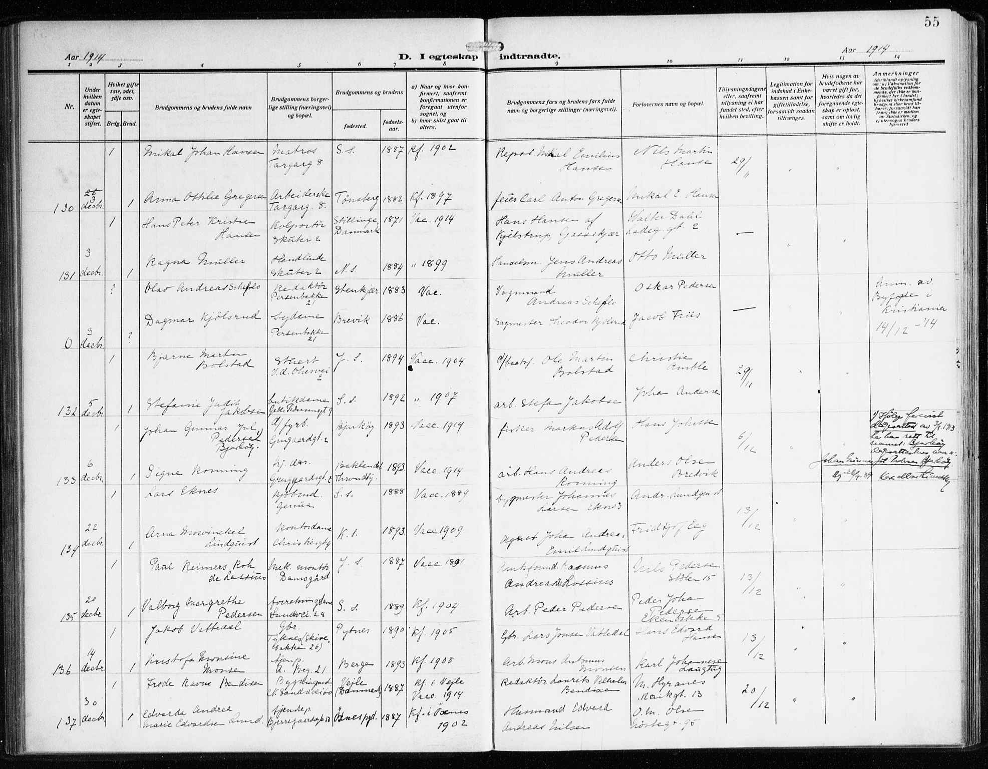 Sandviken Sokneprestembete, AV/SAB-A-77601/H/Ha/L0015: Parish register (official) no. D 2, 1911-1923, p. 55