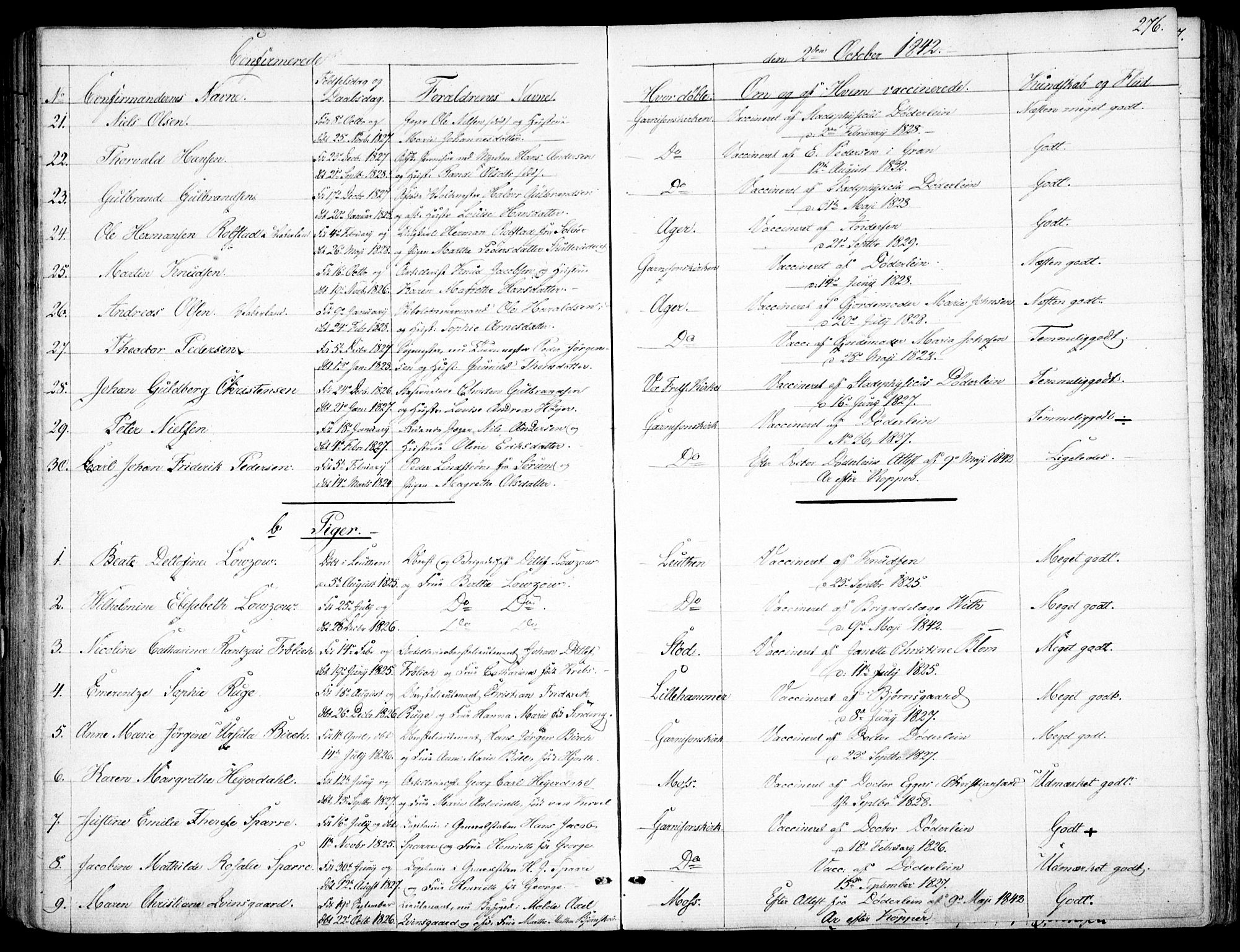 Garnisonsmenigheten Kirkebøker, AV/SAO-A-10846/F/Fa/L0008: Parish register (official) no. 8, 1842-1859, p. 276