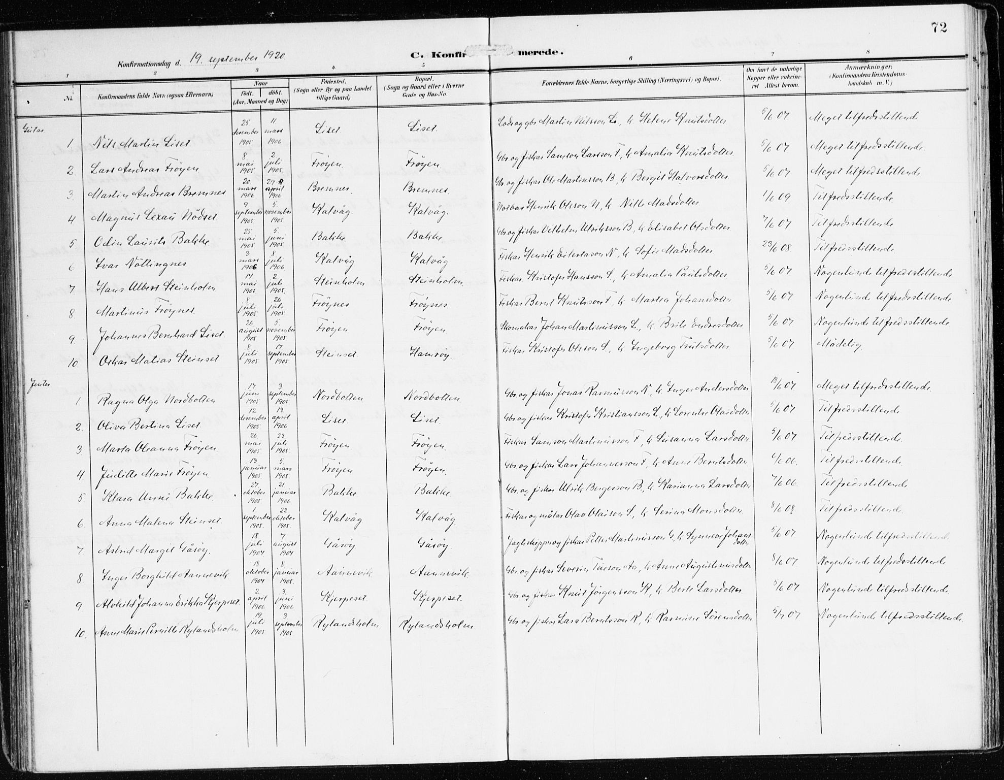 Bremanger sokneprestembete, AV/SAB-A-82201/H/Haa/Haab/L0003: Parish register (official) no. B 3, 1908-1925, p. 72