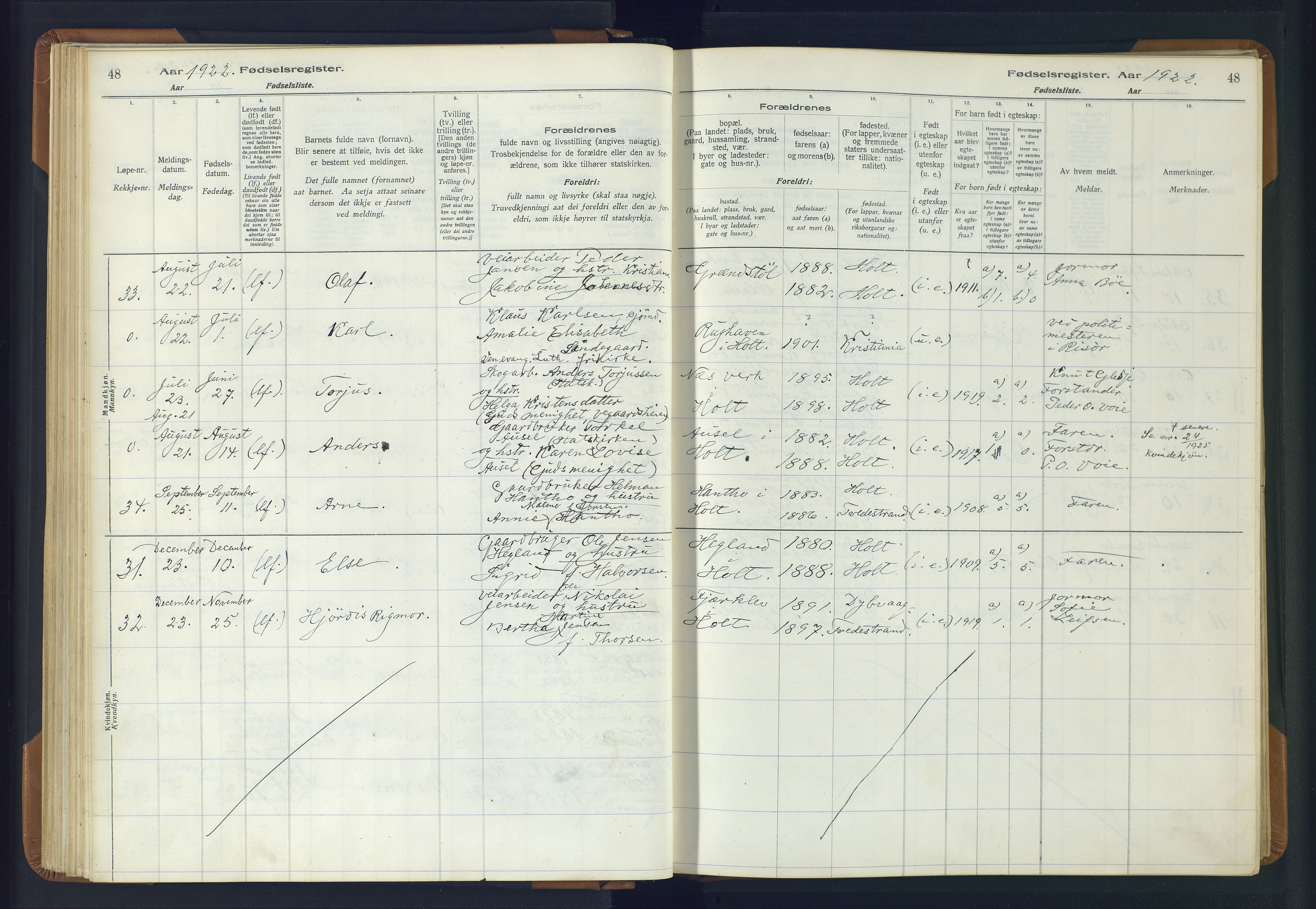 Holt sokneprestkontor, AV/SAK-1111-0021/J/Ja/L0001: Birth register no. II.4.1, 1916-1946, p. 48