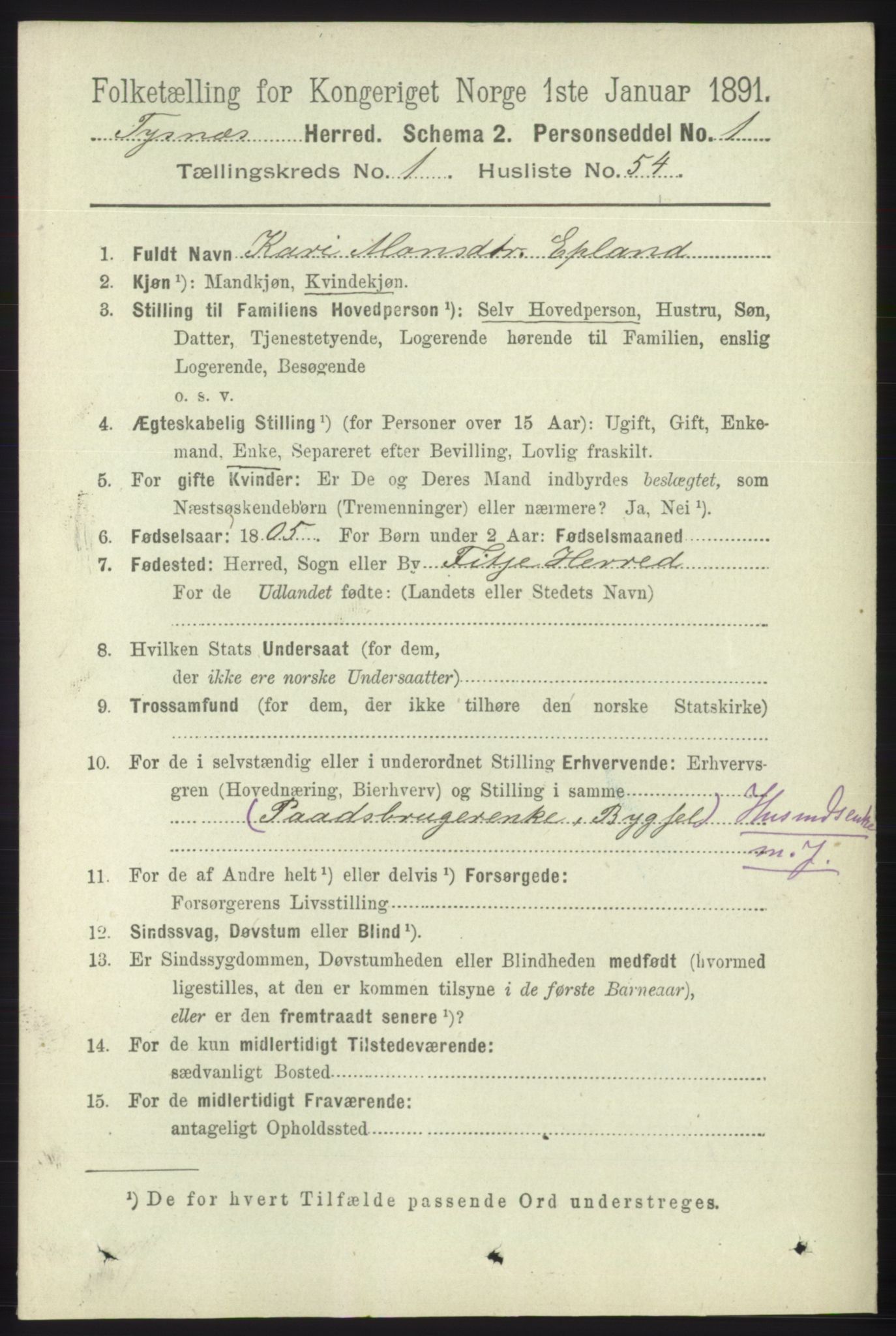 RA, 1891 census for 1223 Tysnes, 1891, p. 395