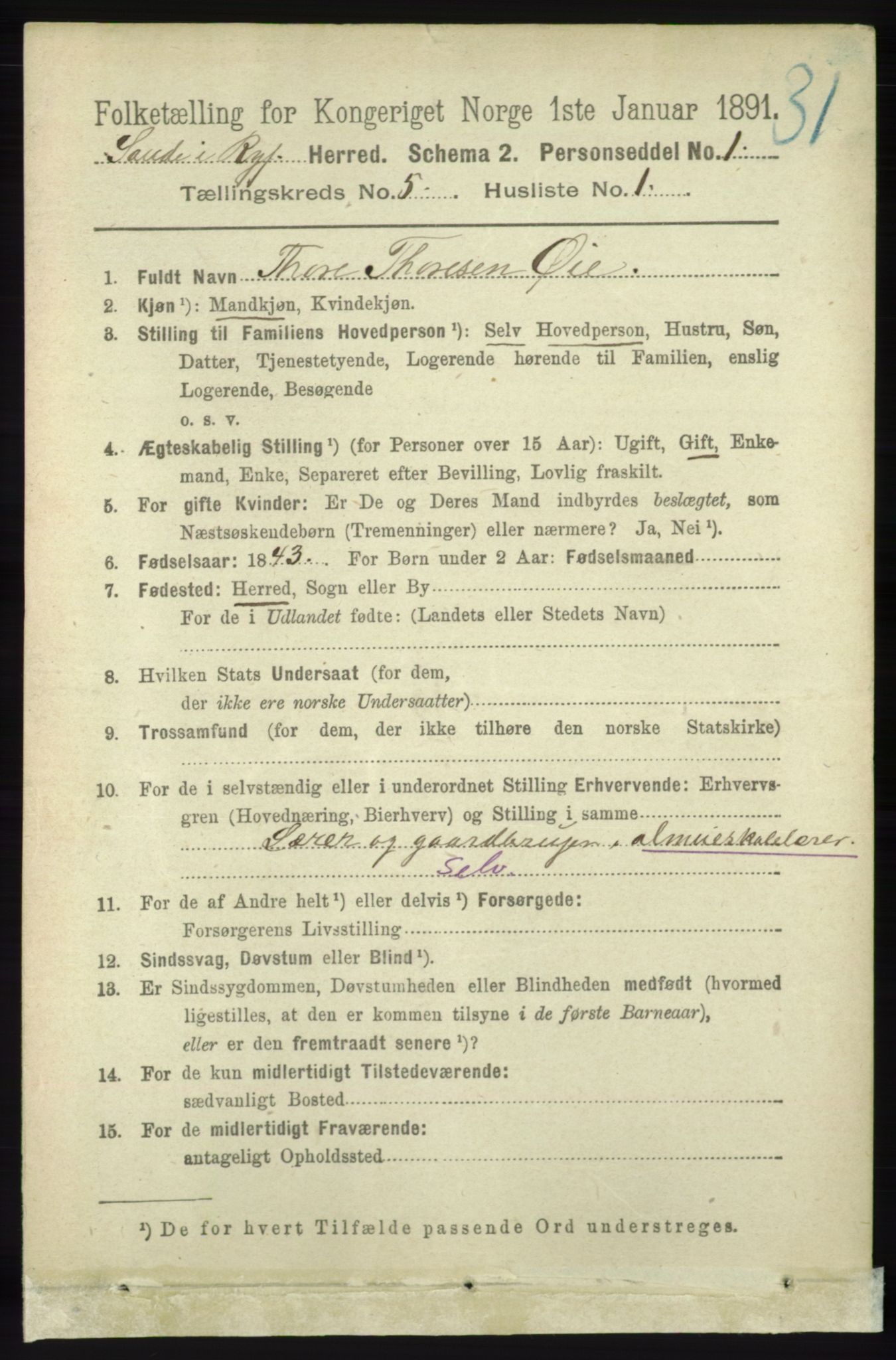 RA, 1891 census for 1135 Sauda, 1891, p. 2210
