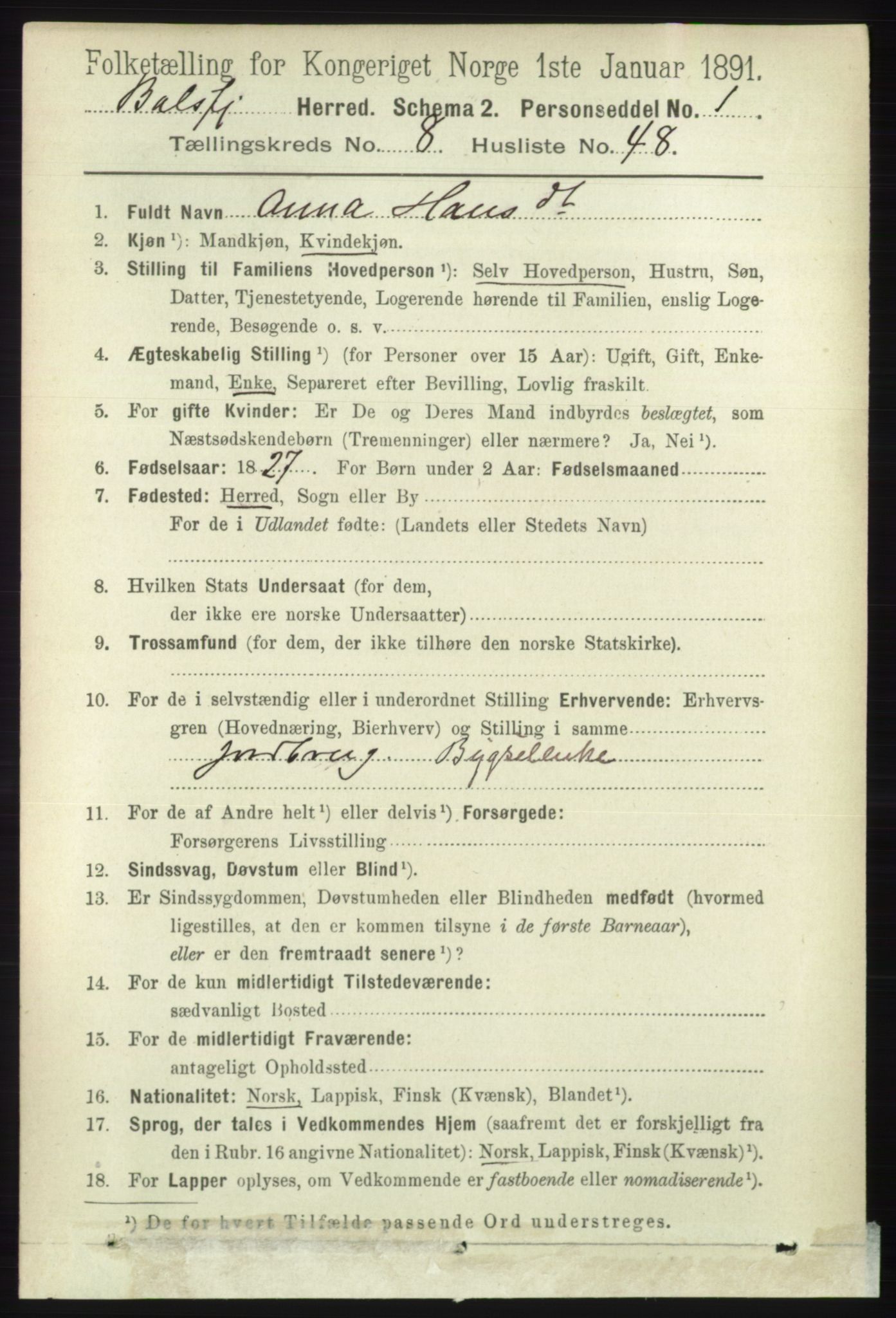 RA, 1891 census for 1933 Balsfjord, 1891, p. 2781