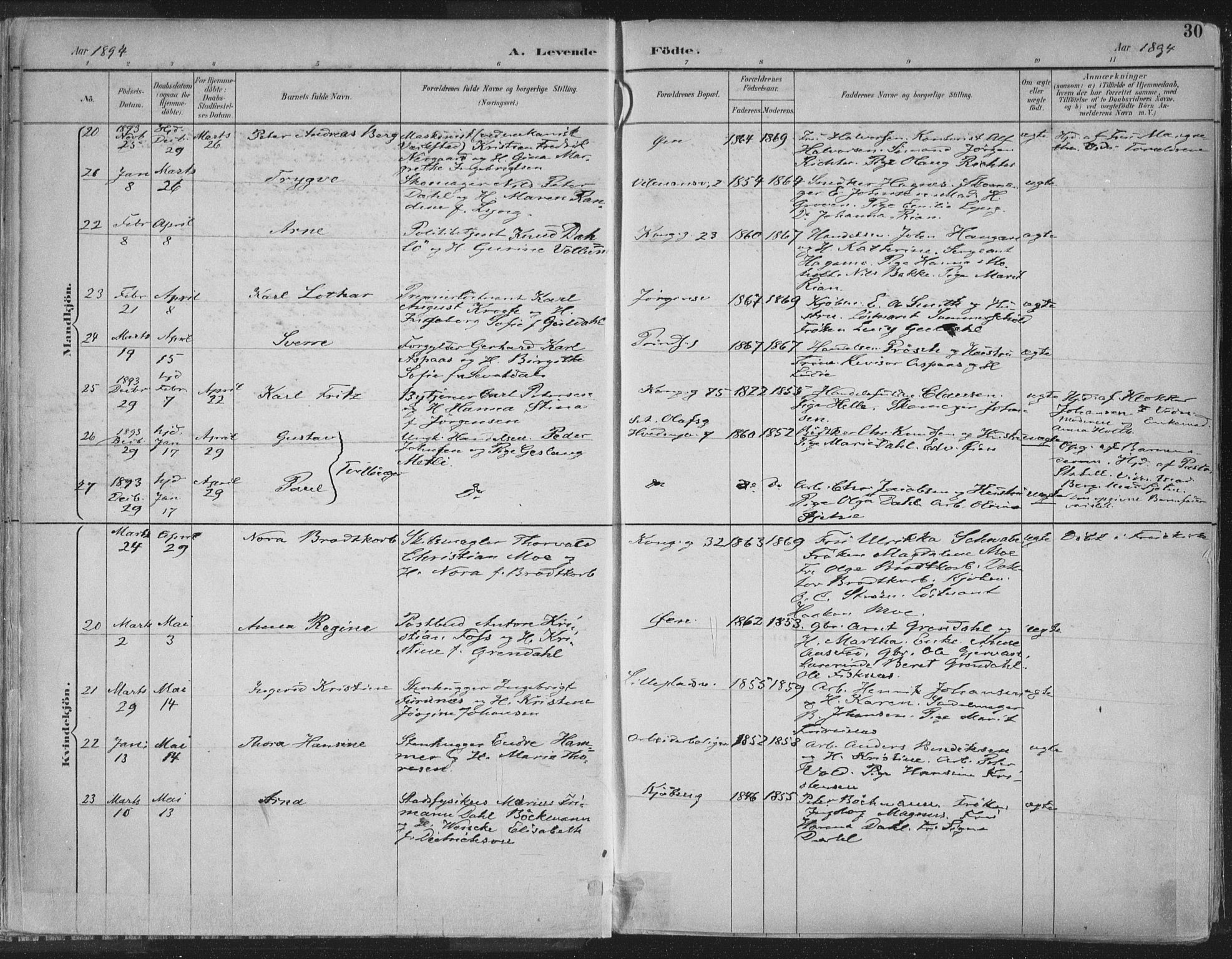 Ministerialprotokoller, klokkerbøker og fødselsregistre - Sør-Trøndelag, SAT/A-1456/601/L0062: Parish register (official) no. 601A30, 1891-1911, p. 30