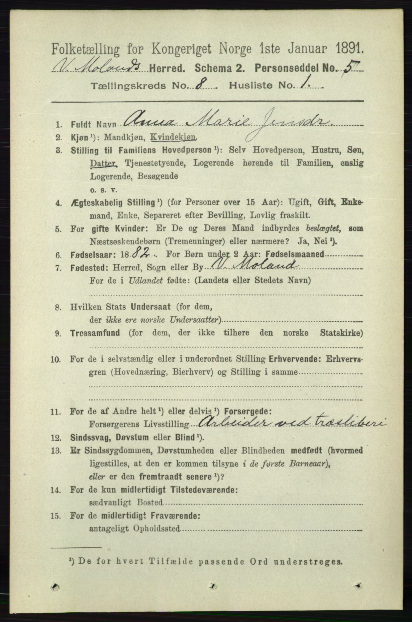 RA, 1891 census for 0926 Vestre Moland, 1891, p. 3002