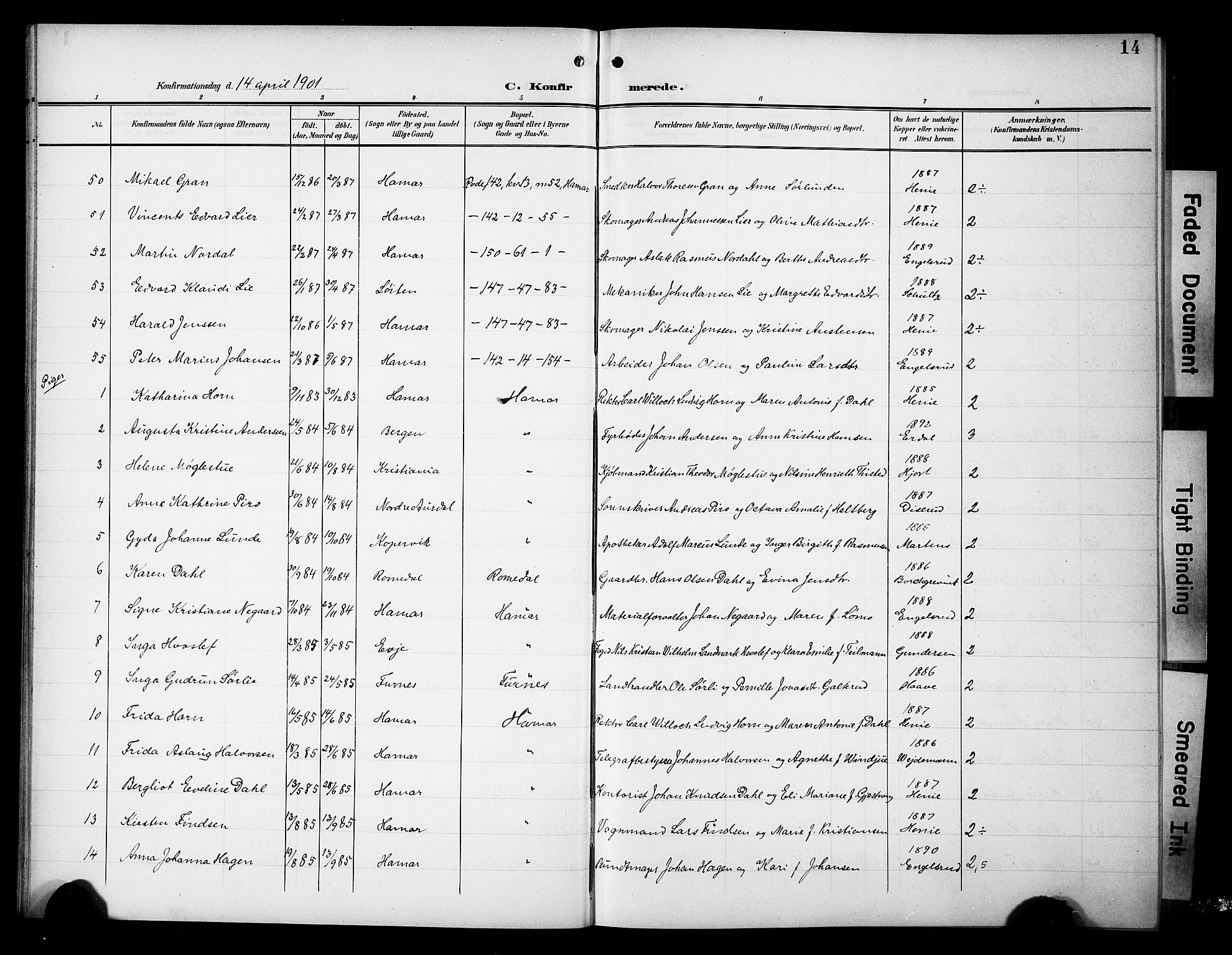 Hamar prestekontor, SAH/DOMPH-002/H/Ha/Hab/L0002: Parish register (copy) no. 2, 1899-1929, p. 14