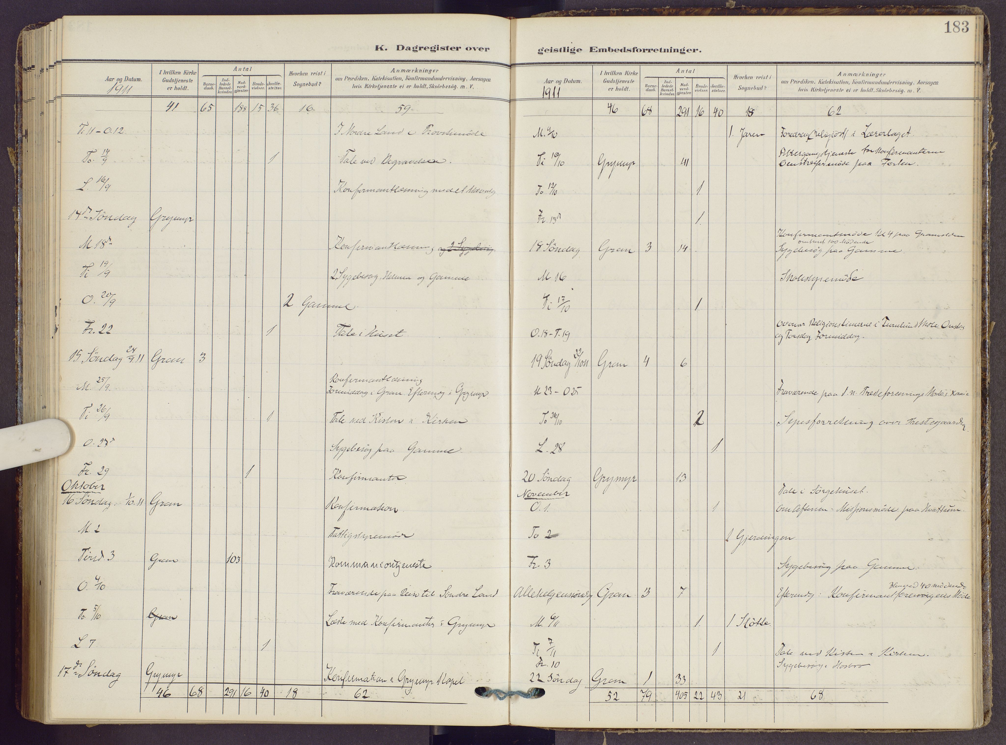 Gran prestekontor, SAH/PREST-112/H/Ha/Haa/L0022: Parish register (official) no. 22, 1908-1918, p. 183
