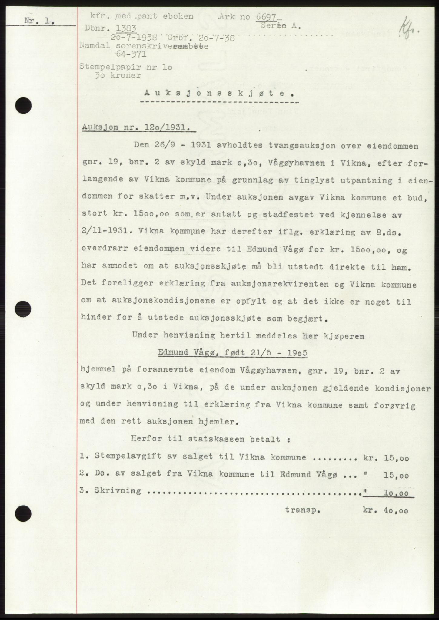 Namdal sorenskriveri, SAT/A-4133/1/2/2C: Mortgage book no. -, 1937-1939, Deed date: 20.07.1938