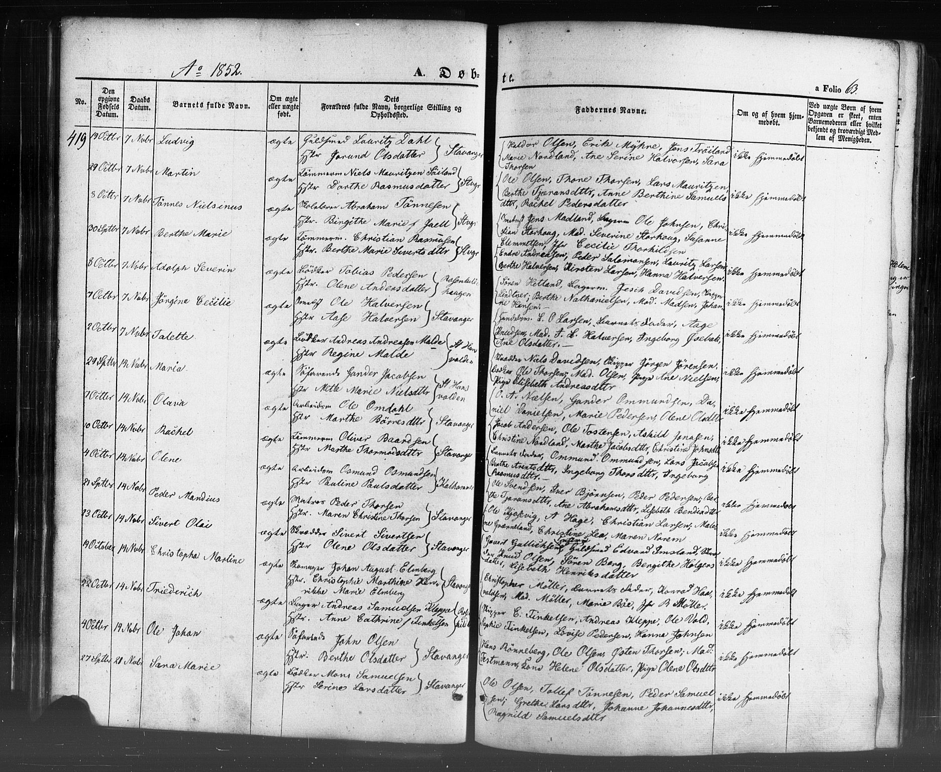 Domkirken sokneprestkontor, SAST/A-101812/001/30/30BB/L0009: Parish register (copy) no. B 9, 1850-1858, p. 63