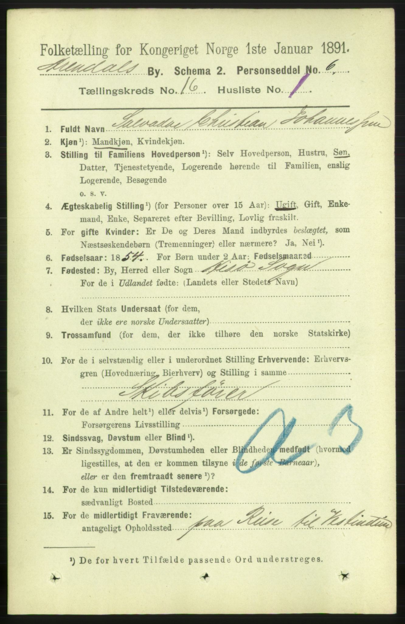 RA, 1891 census for 0903 Arendal, 1891, p. 5365