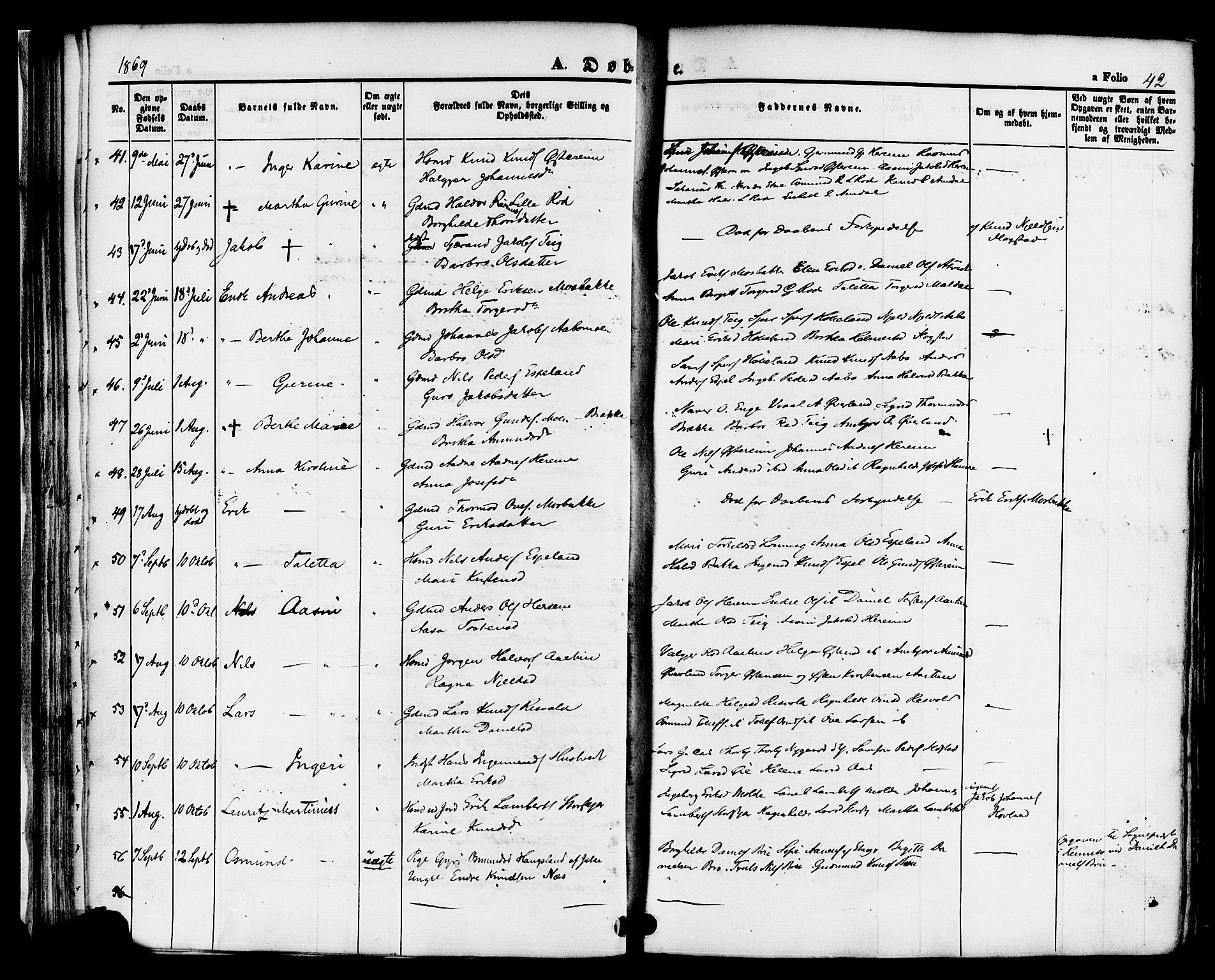 Sand sokneprestkontor, AV/SAST-A-101848/01/III/L0004: Parish register (official) no. A 4, 1859-1880, p. 42