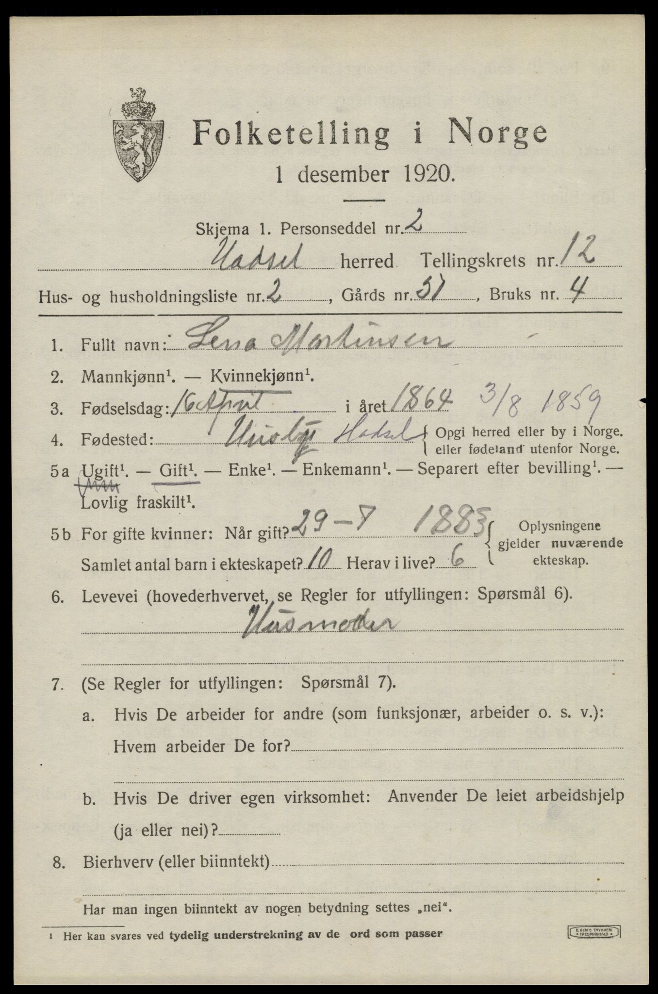 SAT, 1920 census for Hadsel, 1920, p. 9092