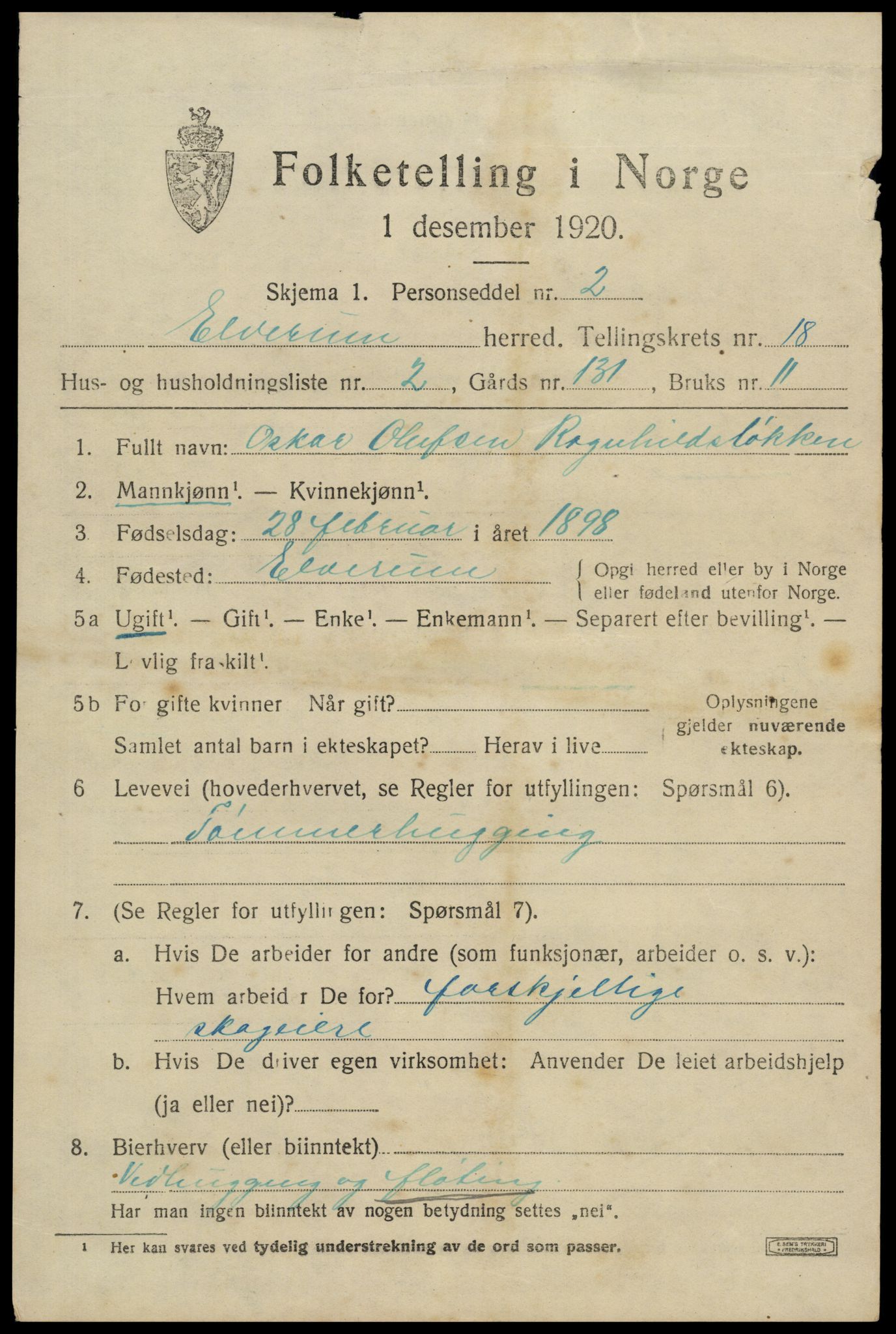 SAH, 1920 census for Elverum, 1920, p. 22094