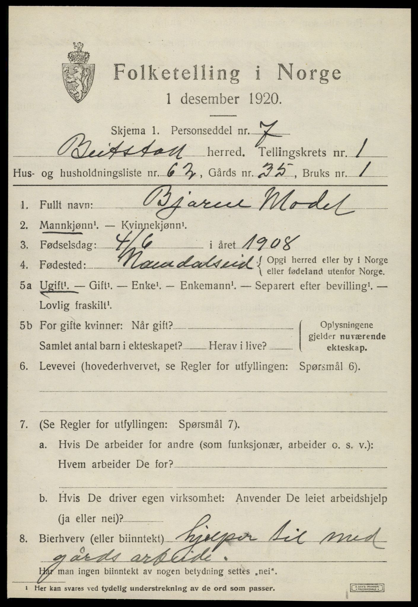 SAT, 1920 census for Beitstad, 1920, p. 1415