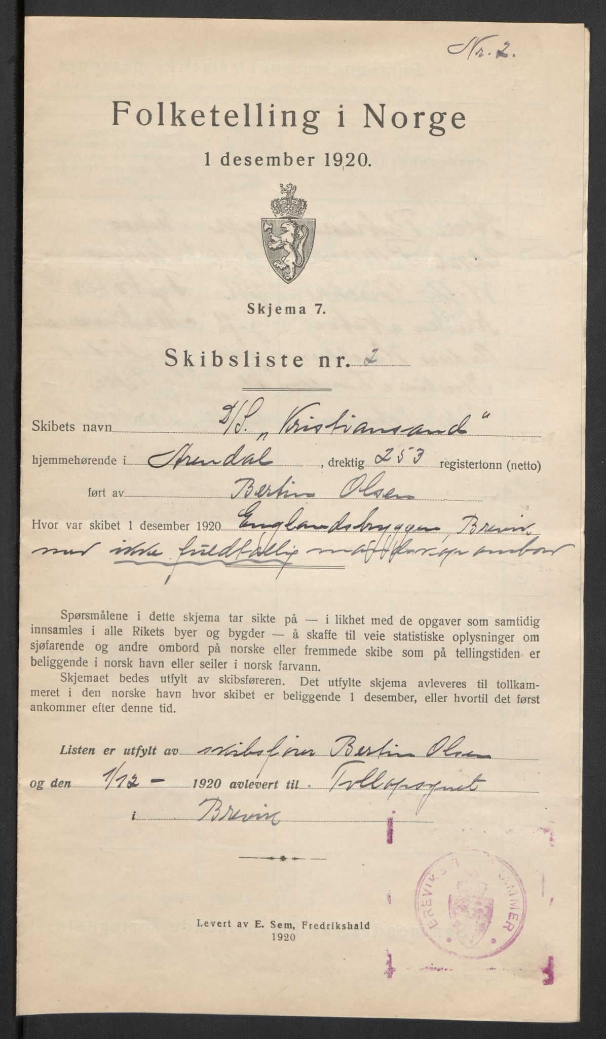 SAKO, 1920 census for Brevik, 1920, p. 7169