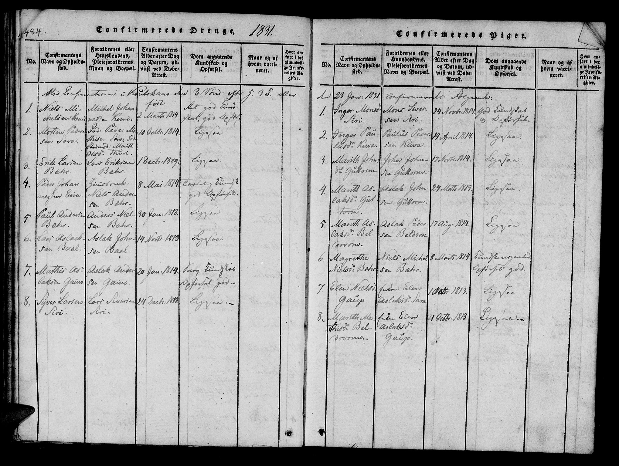 Kistrand/Porsanger sokneprestembete, SATØ/S-1351/H/Ha/L0010.kirke: Parish register (official) no. 10, 1821-1842, p. 484-485