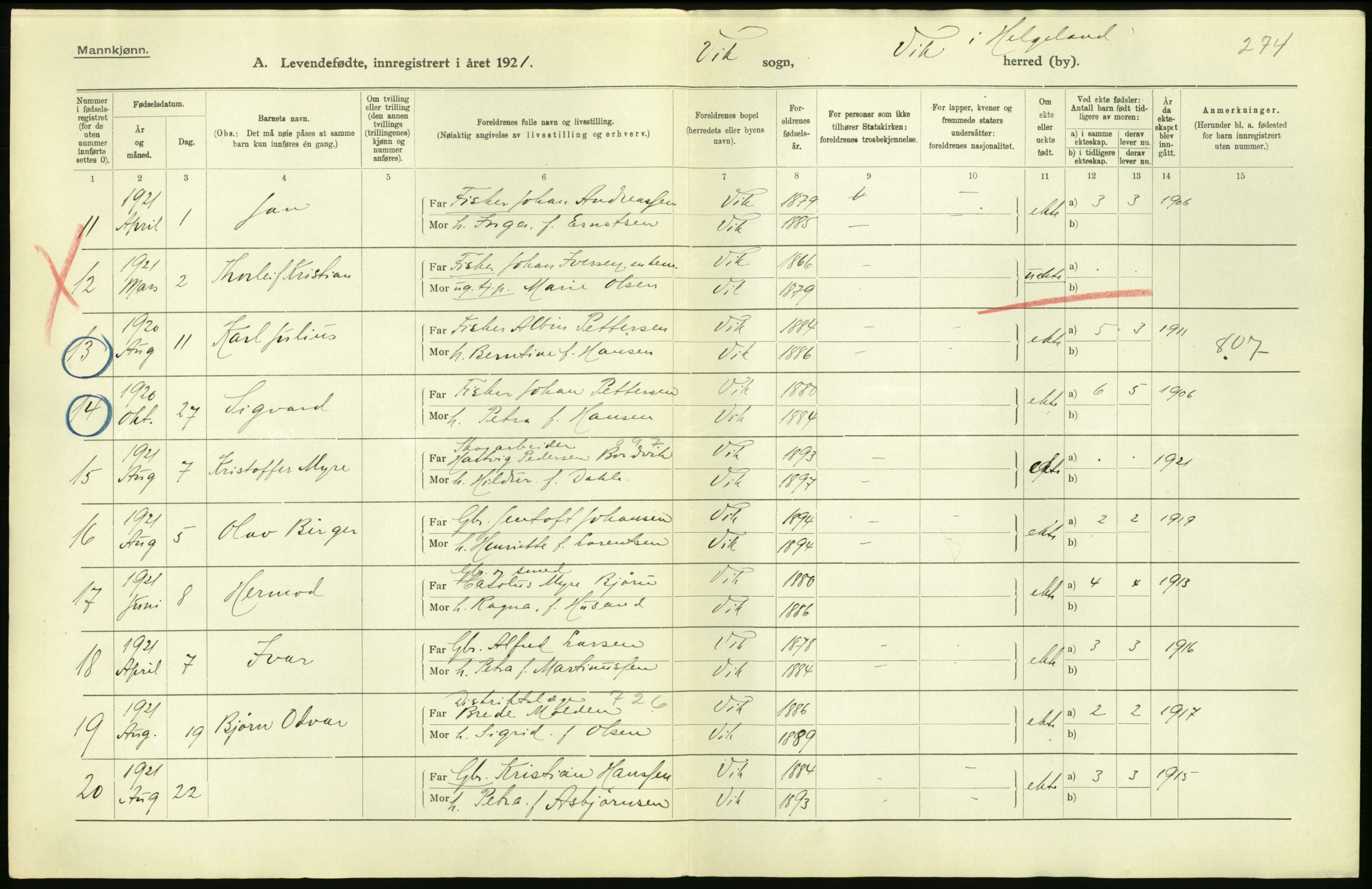 Statistisk sentralbyrå, Sosiodemografiske emner, Befolkning, AV/RA-S-2228/D/Df/Dfc/Dfca/L0049: Nordland fylke: Levendefødte menn og kvinner. Bygder., 1921, p. 470