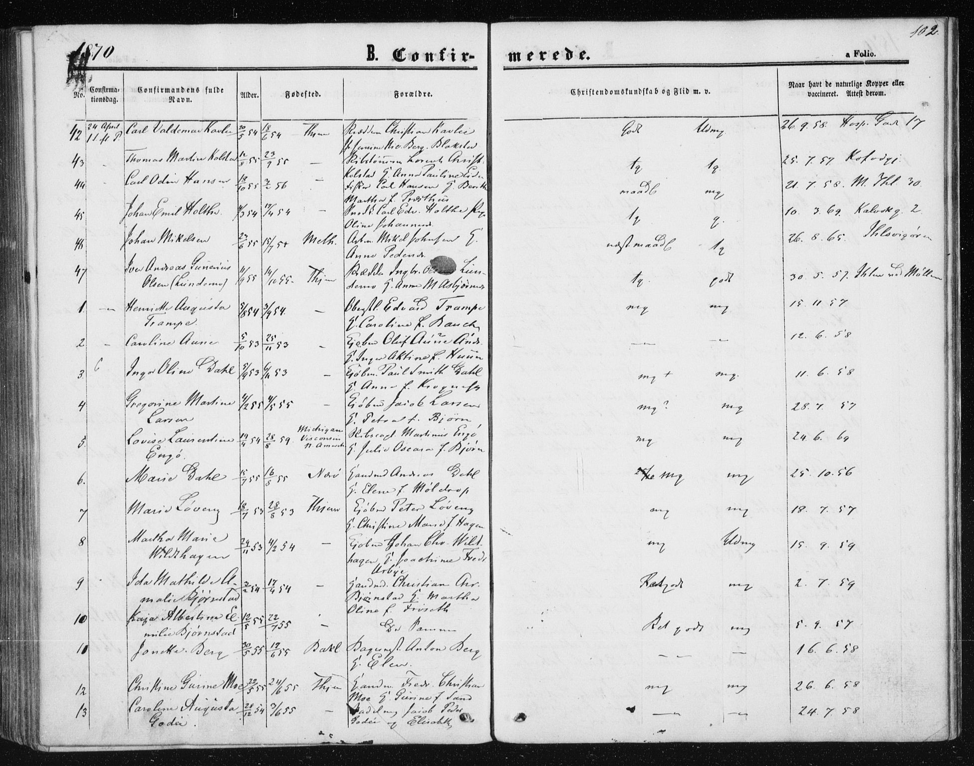 Ministerialprotokoller, klokkerbøker og fødselsregistre - Sør-Trøndelag, AV/SAT-A-1456/602/L0114: Parish register (official) no. 602A12, 1856-1872, p. 102