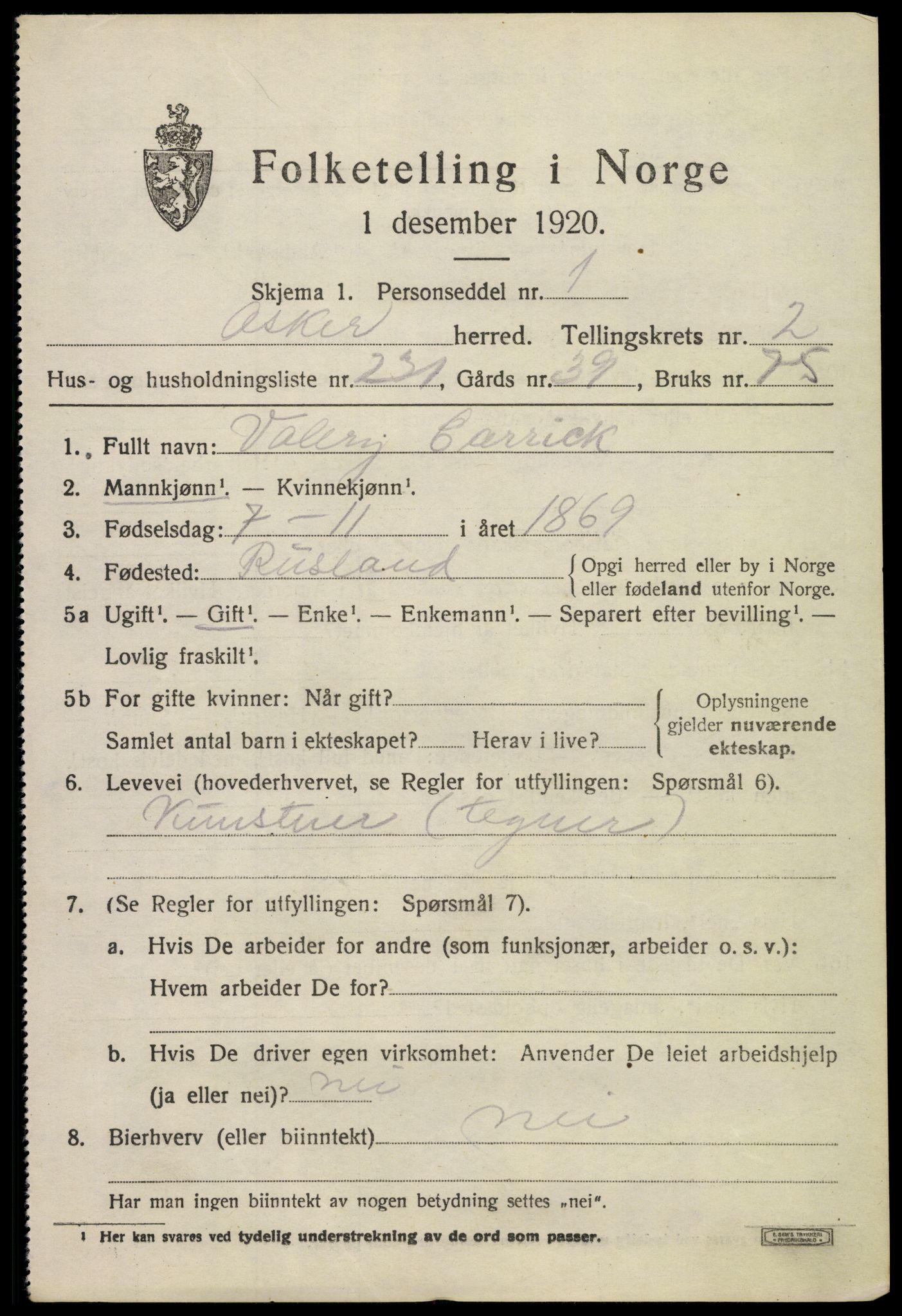 SAO, 1920 census for Asker, 1920, p. 8168