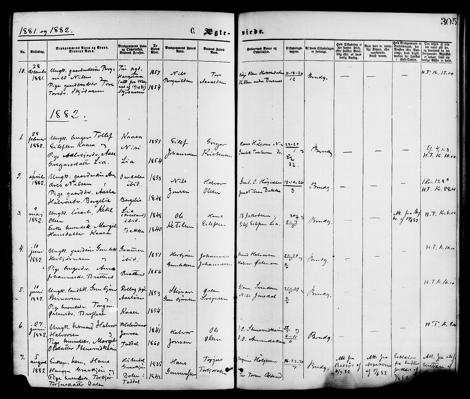 Gransherad kirkebøker, SAKO/A-267/F/Fa/L0004: Parish register (official) no. I 4, 1871-1886, p. 305