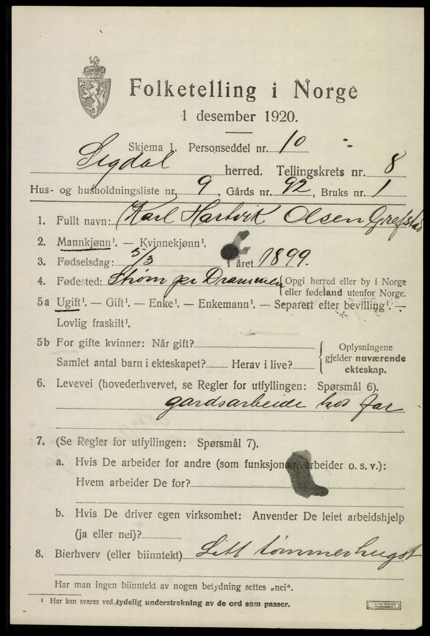 SAKO, 1920 census for Sigdal, 1920, p. 6104