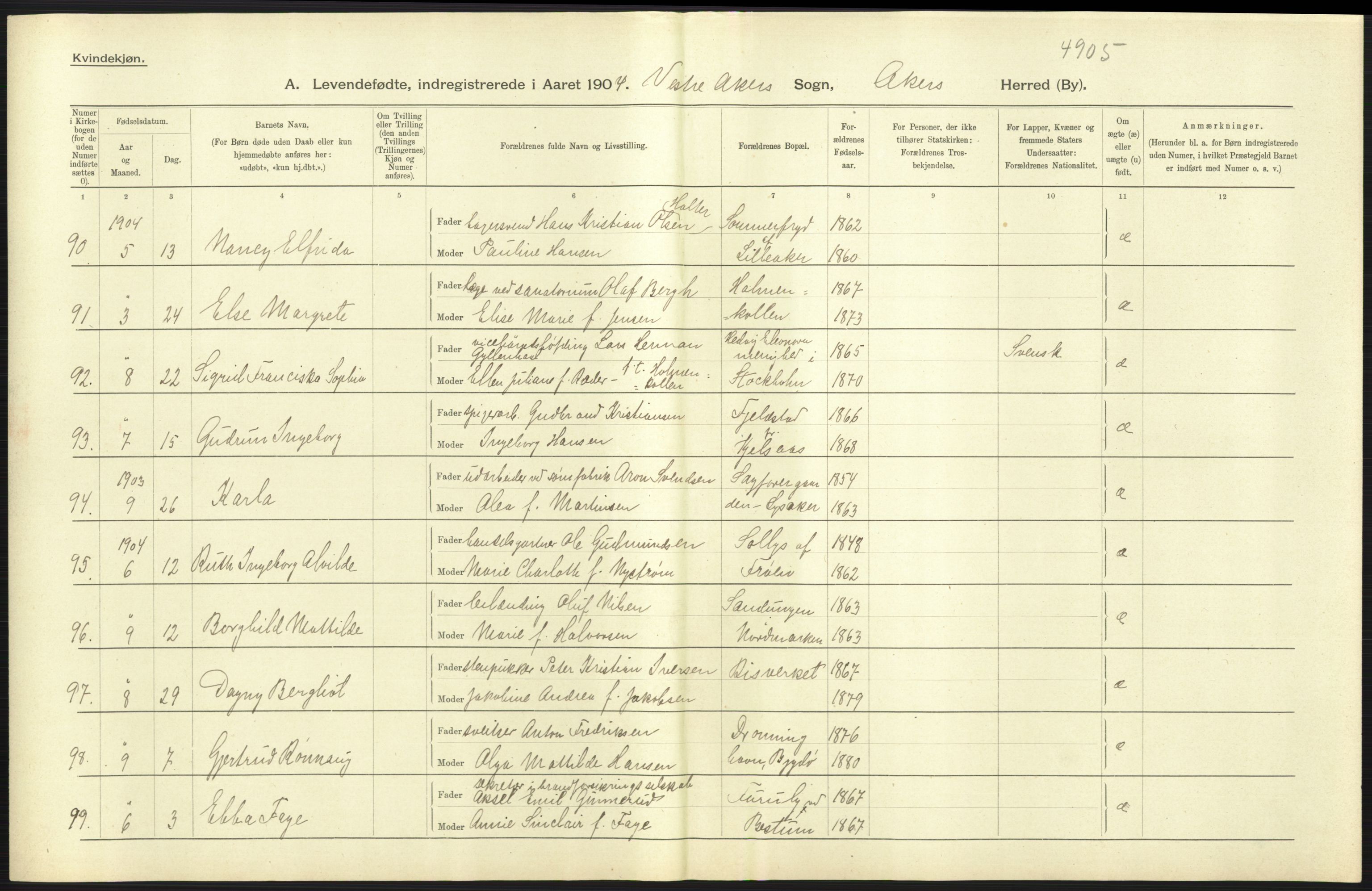 Statistisk sentralbyrå, Sosiodemografiske emner, Befolkning, AV/RA-S-2228/D/Df/Dfa/Dfab/L0002: Akershus amt: Fødte, gifte, døde, 1904, p. 409