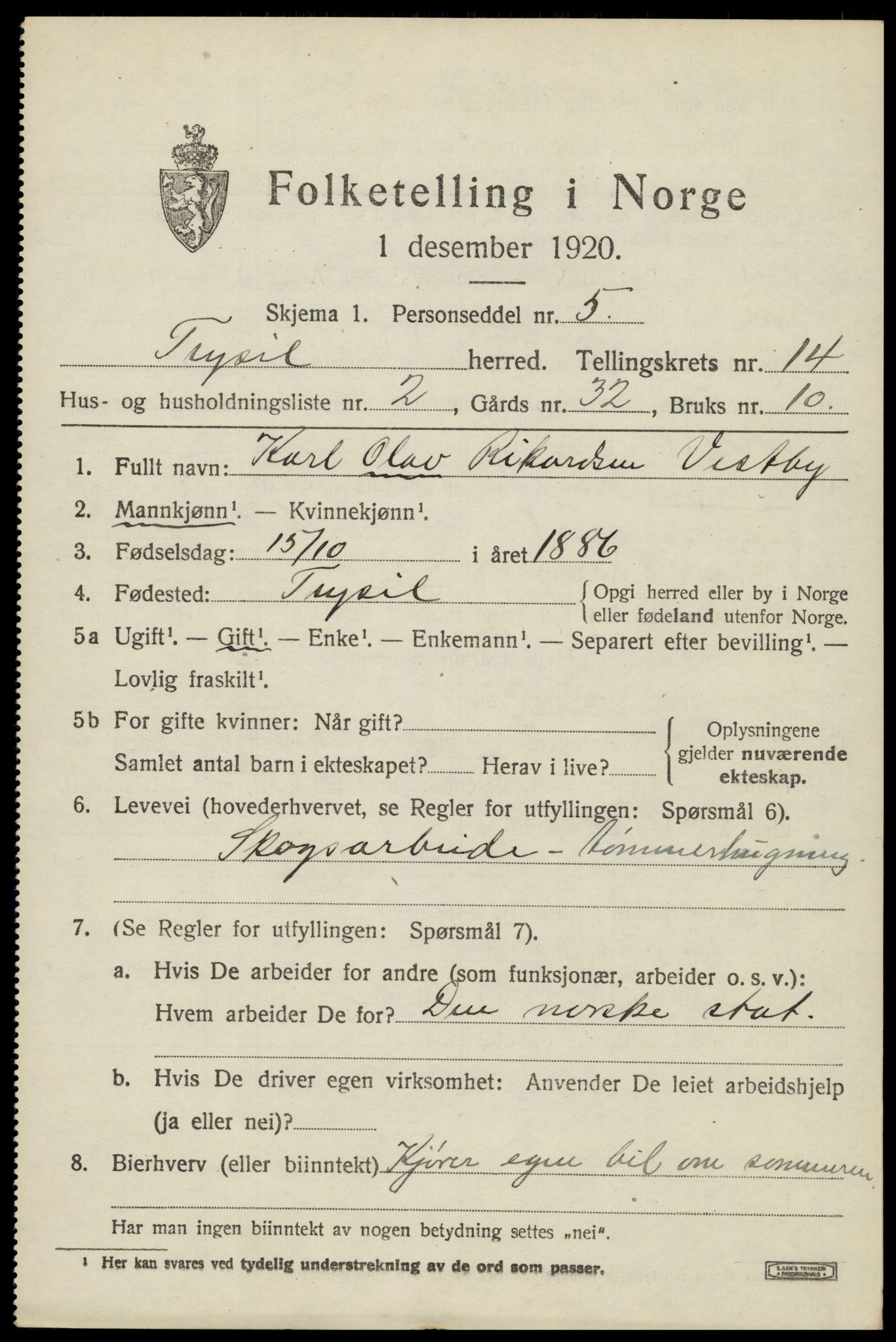 SAH, 1920 census for Trysil, 1920, p. 7891