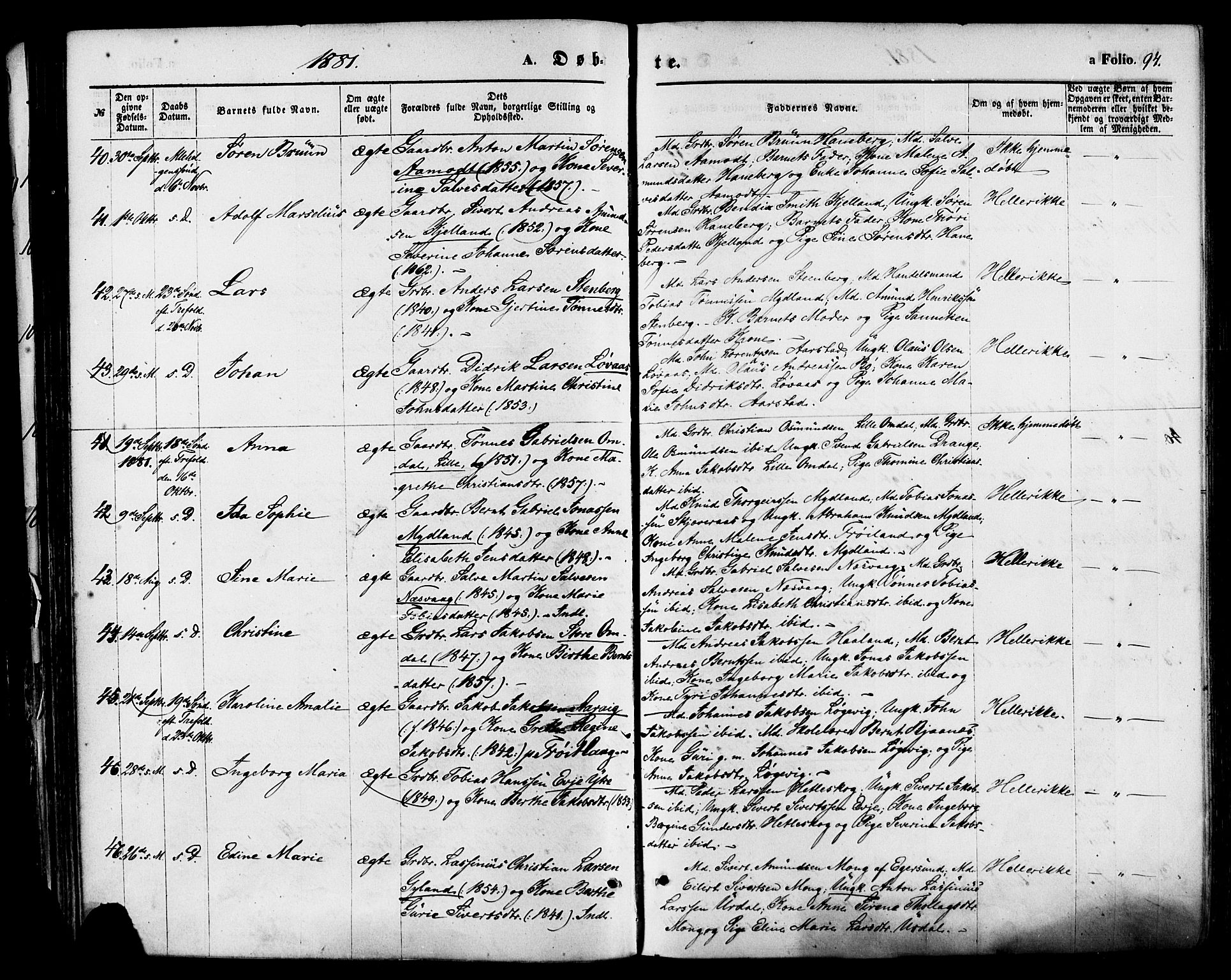 Sokndal sokneprestkontor, AV/SAST-A-101808: Parish register (official) no. A 10, 1874-1886, p. 94