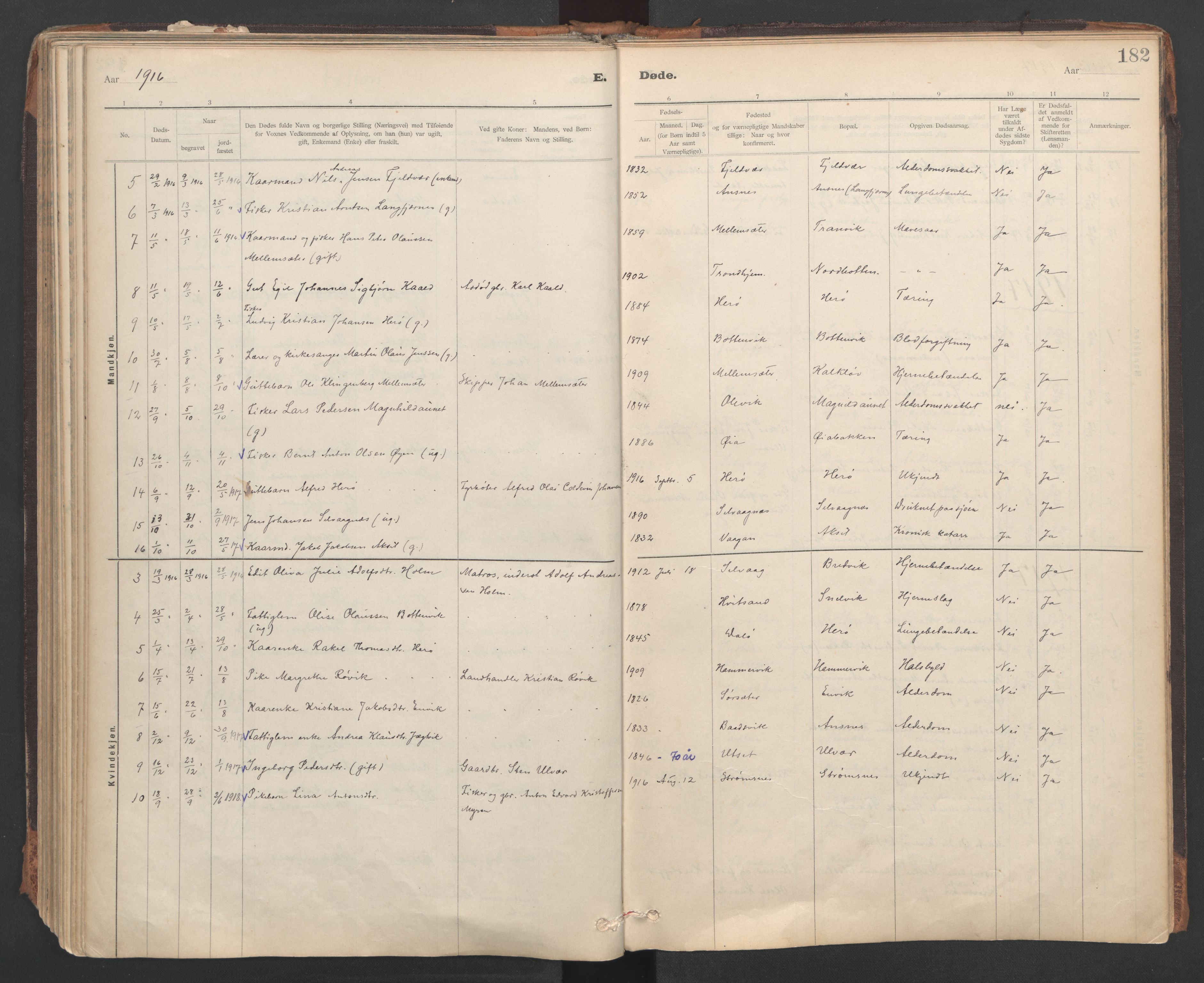 Ministerialprotokoller, klokkerbøker og fødselsregistre - Sør-Trøndelag, SAT/A-1456/637/L0559: Parish register (official) no. 637A02, 1899-1923, p. 182
