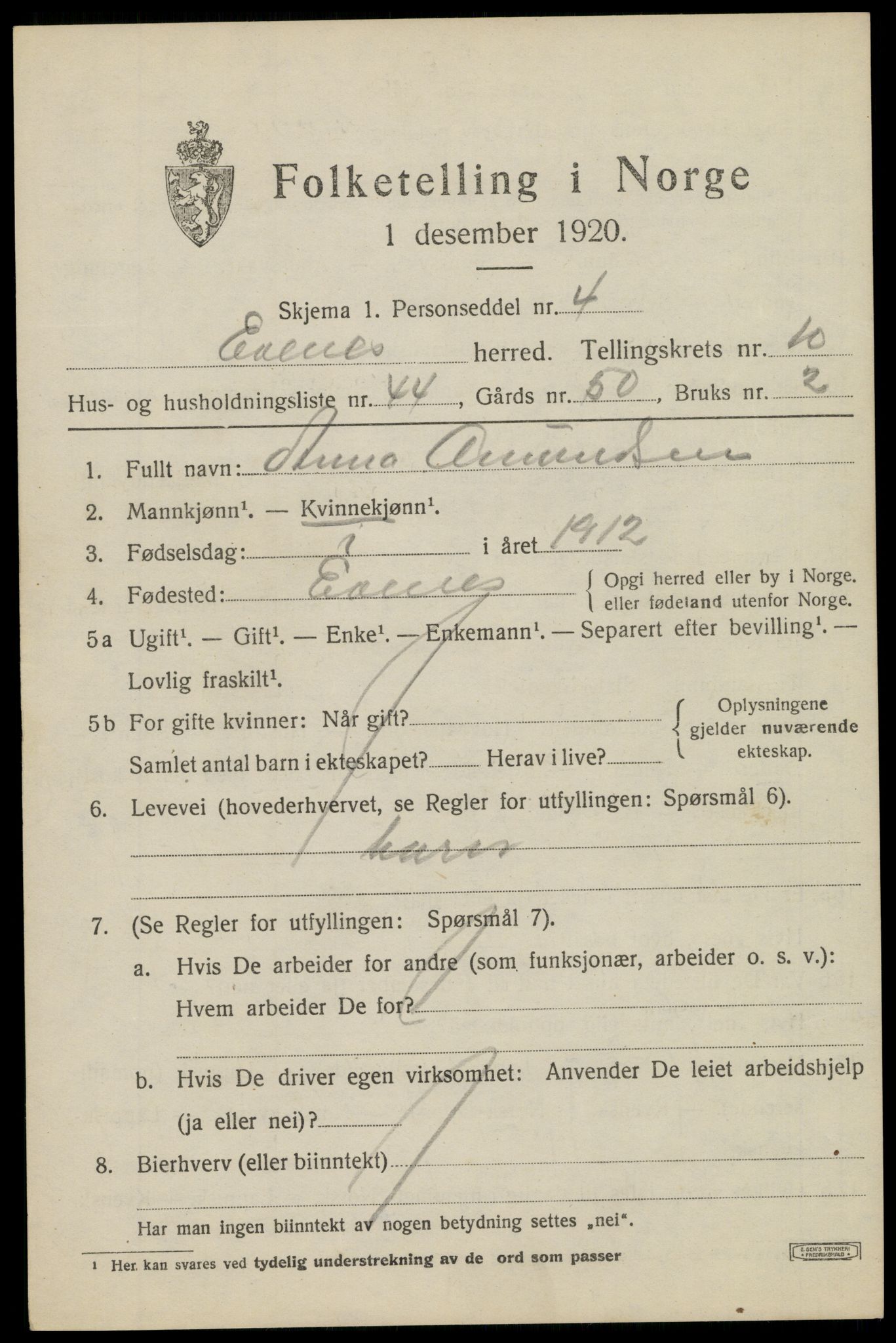 SAT, 1920 census for Evenes, 1920, p. 10578