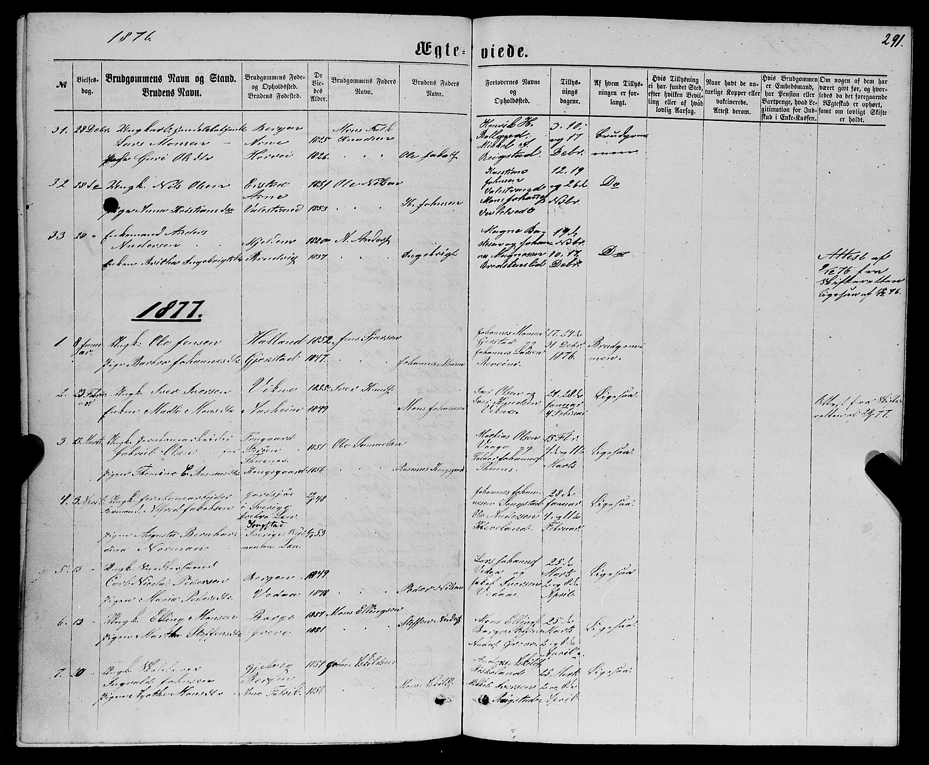 Haus sokneprestembete, SAB/A-75601/H/Haa: Parish register (official) no. A 18, 1871-1877, p. 291
